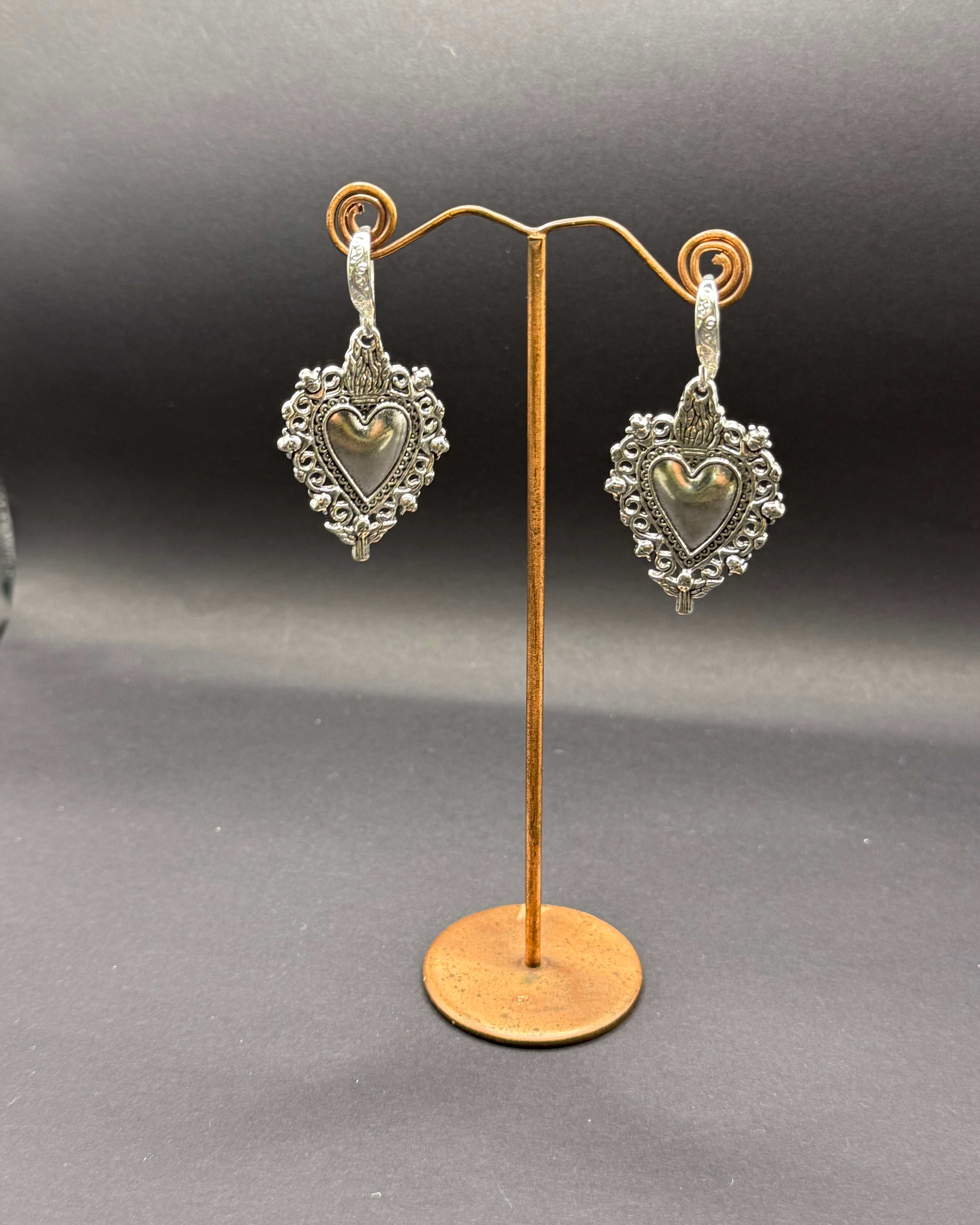 Silver Flaming Heart Drop Earrings – Handmade in Bristol