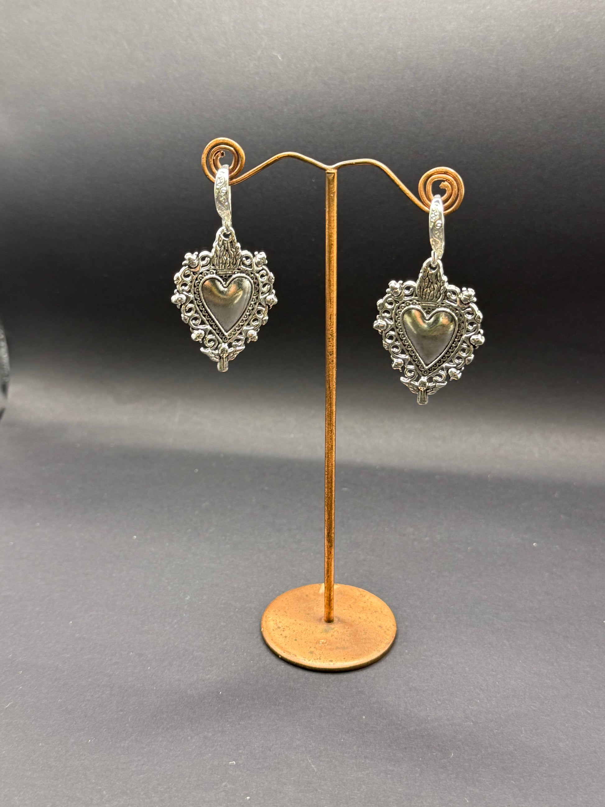 Silver Flaming Heart Drop Earrings – Handmade in Bristol