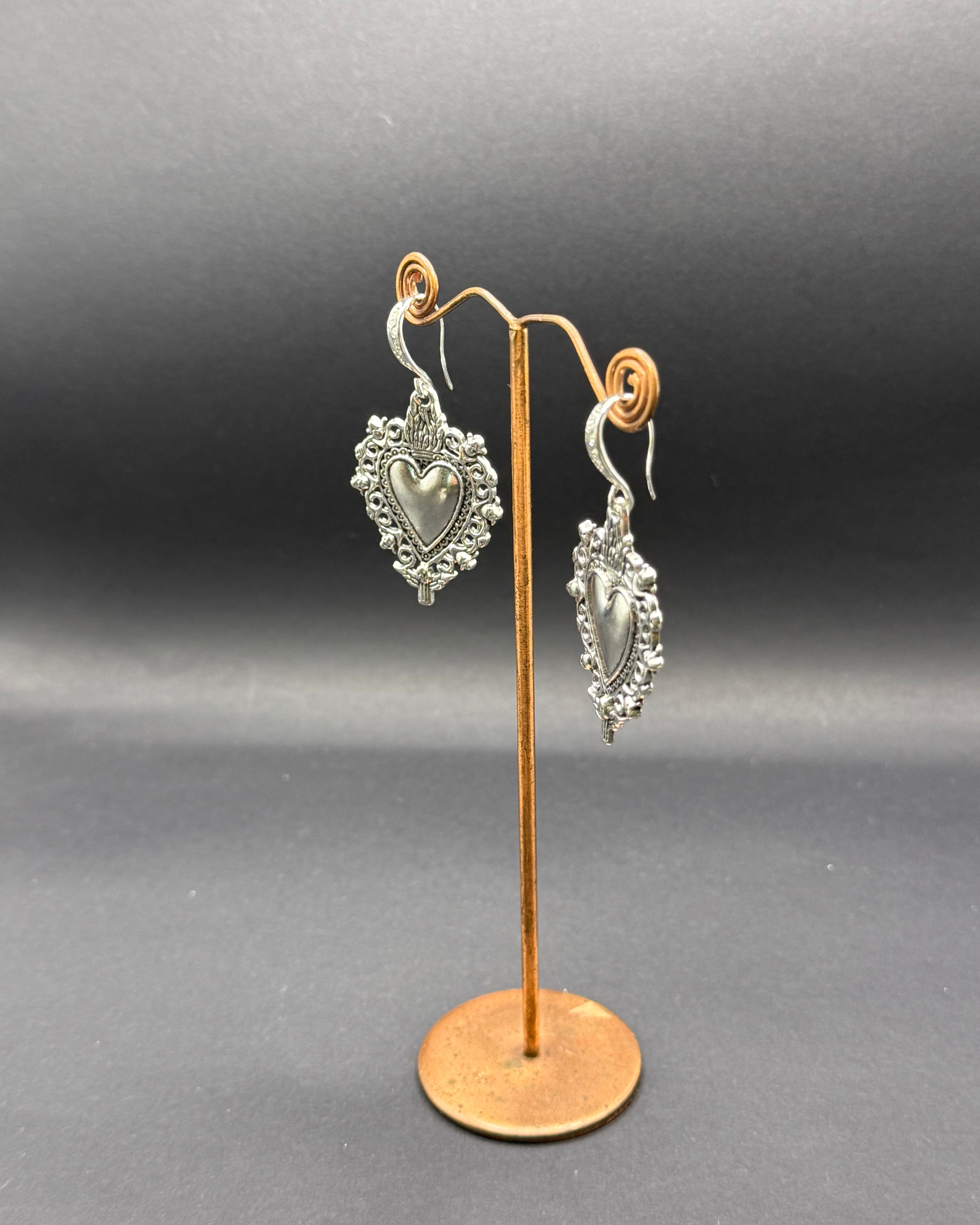 Silver Flaming Heart Drop Earrings – Handmade in Bristol