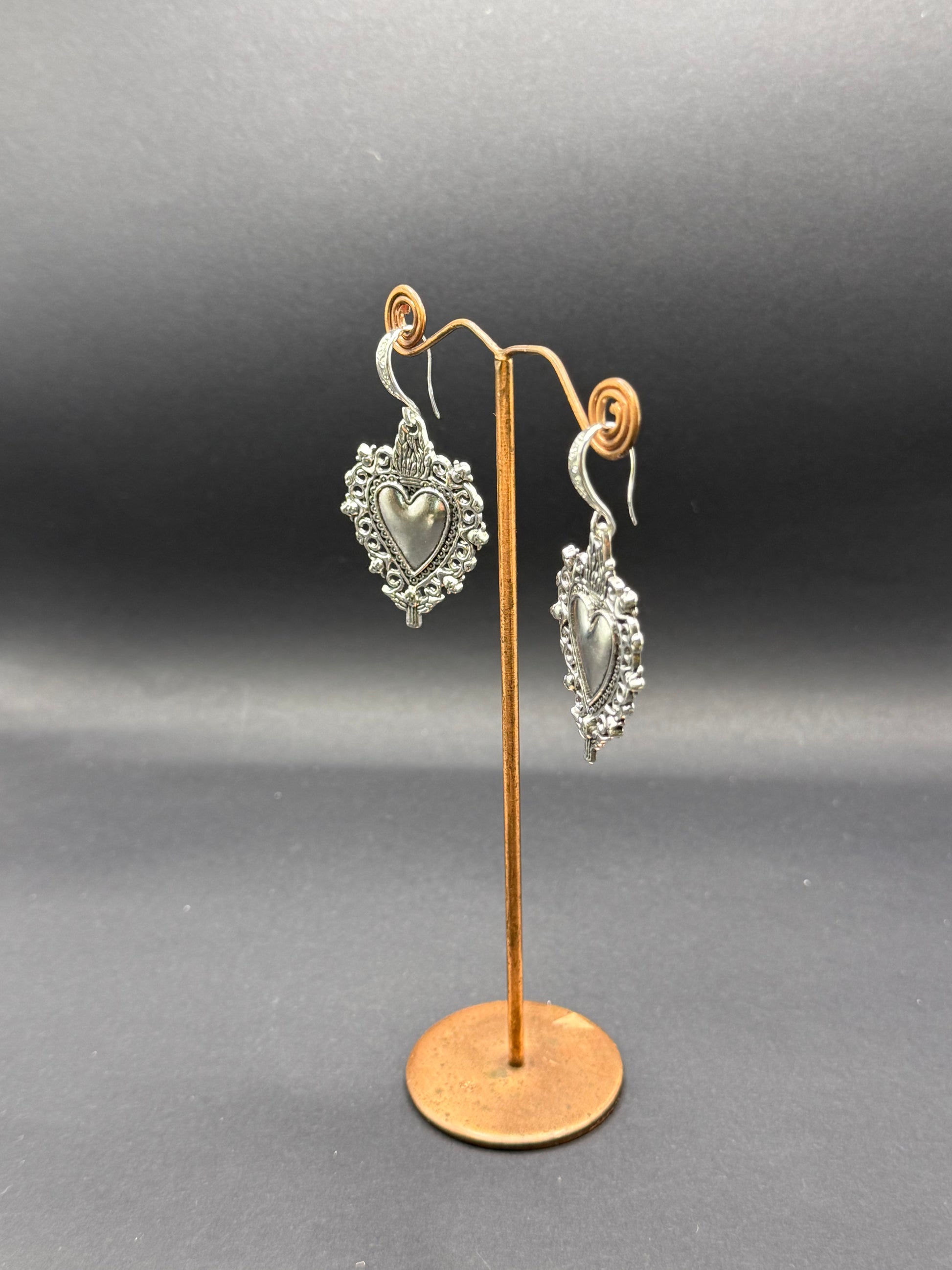 Silver Flaming Heart Drop Earrings – Handmade in Bristol