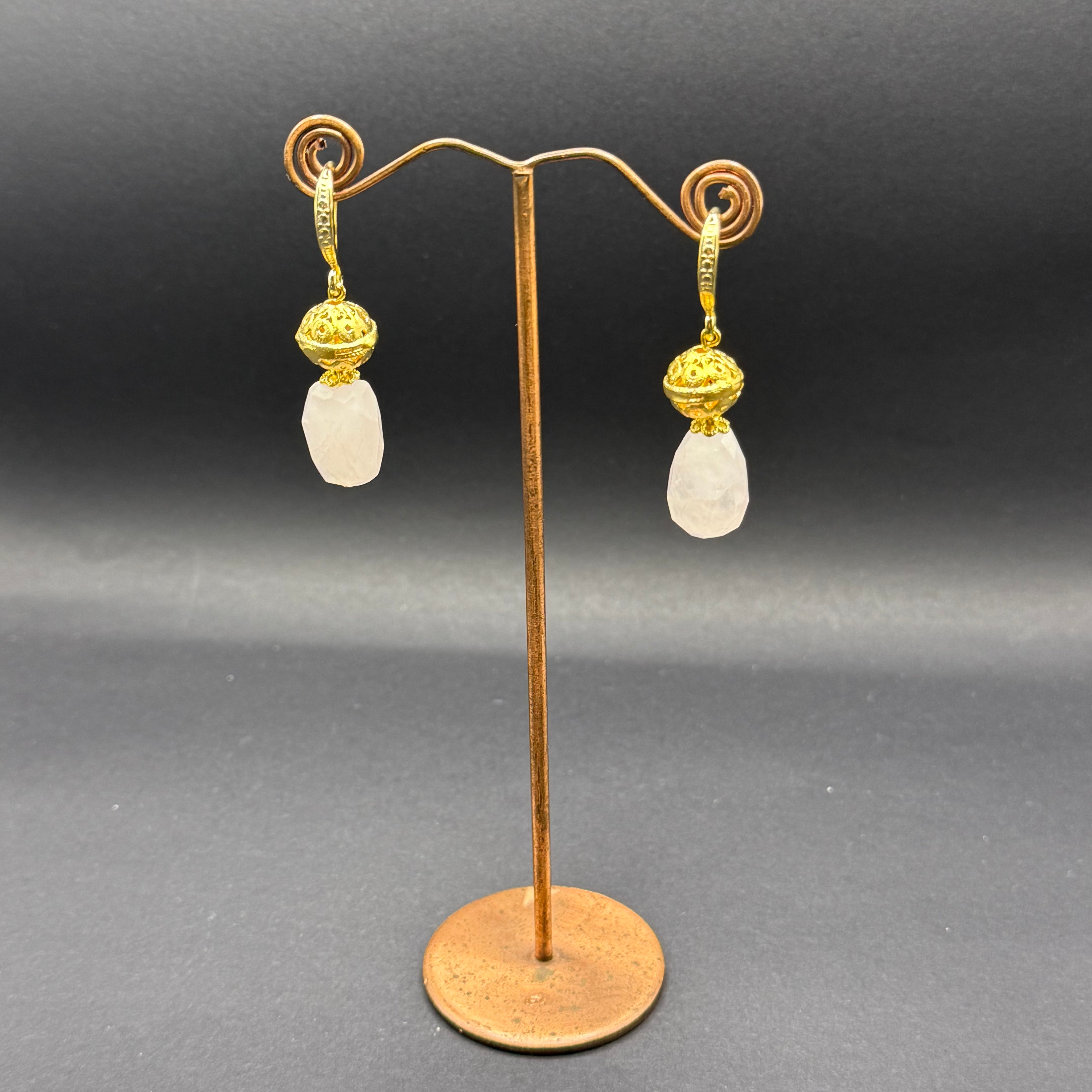Rose Quartz & Gold Bead Drop Earrings – Handmade in Bristol