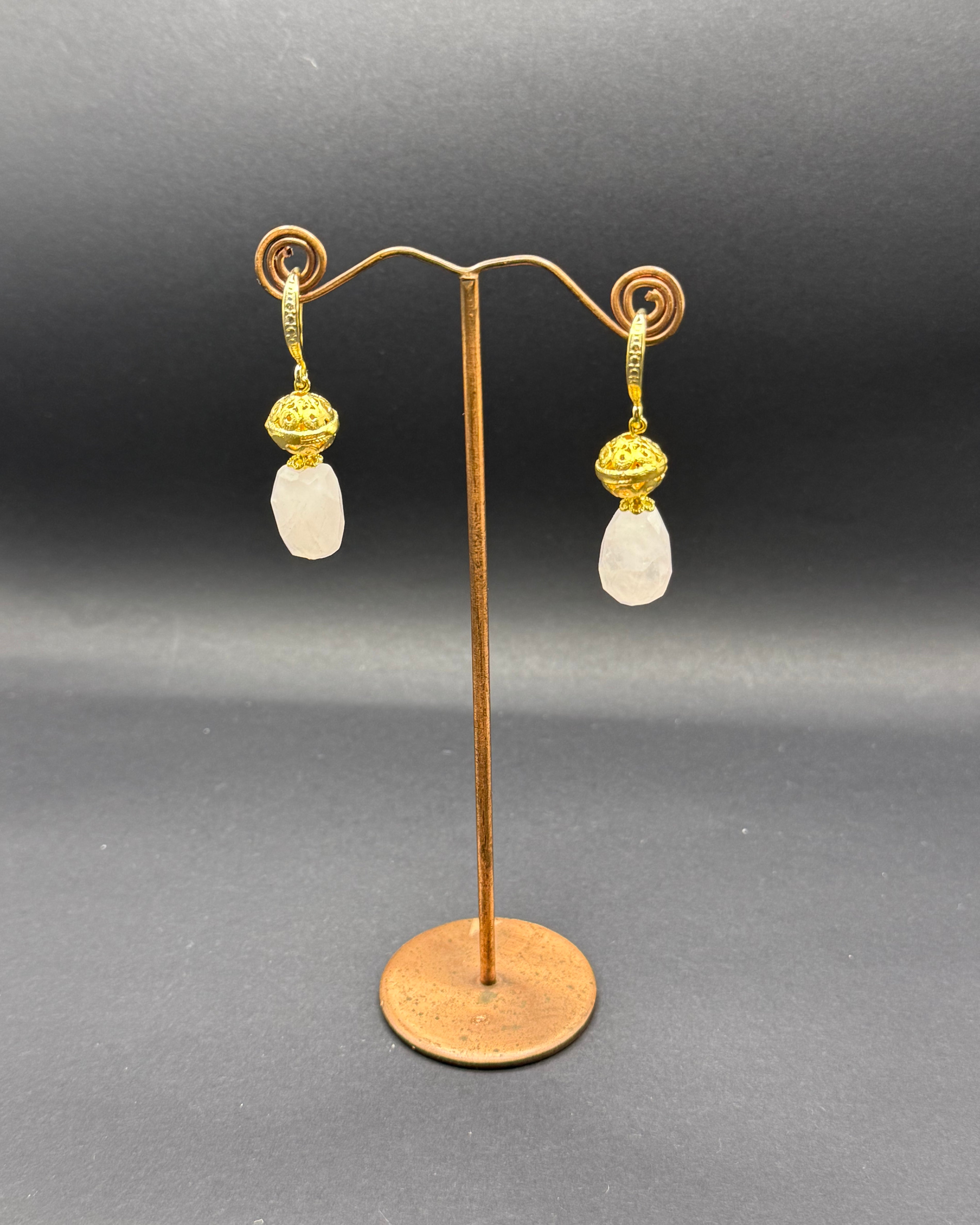 Rose Quartz & Gold Bead Drop Earrings – Handmade in Bristol