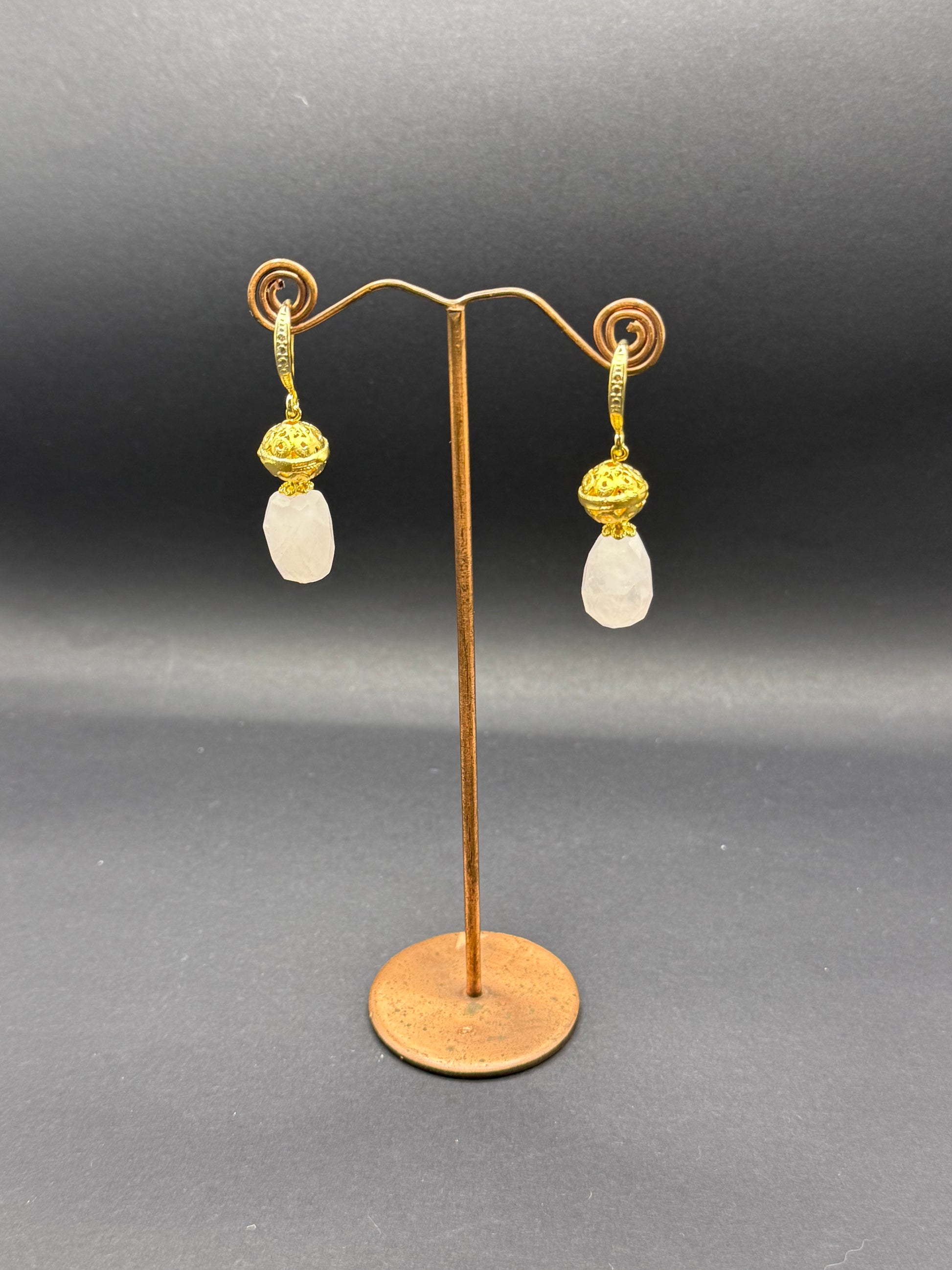 Rose Quartz & Gold Bead Drop Earrings – Handmade in Bristol