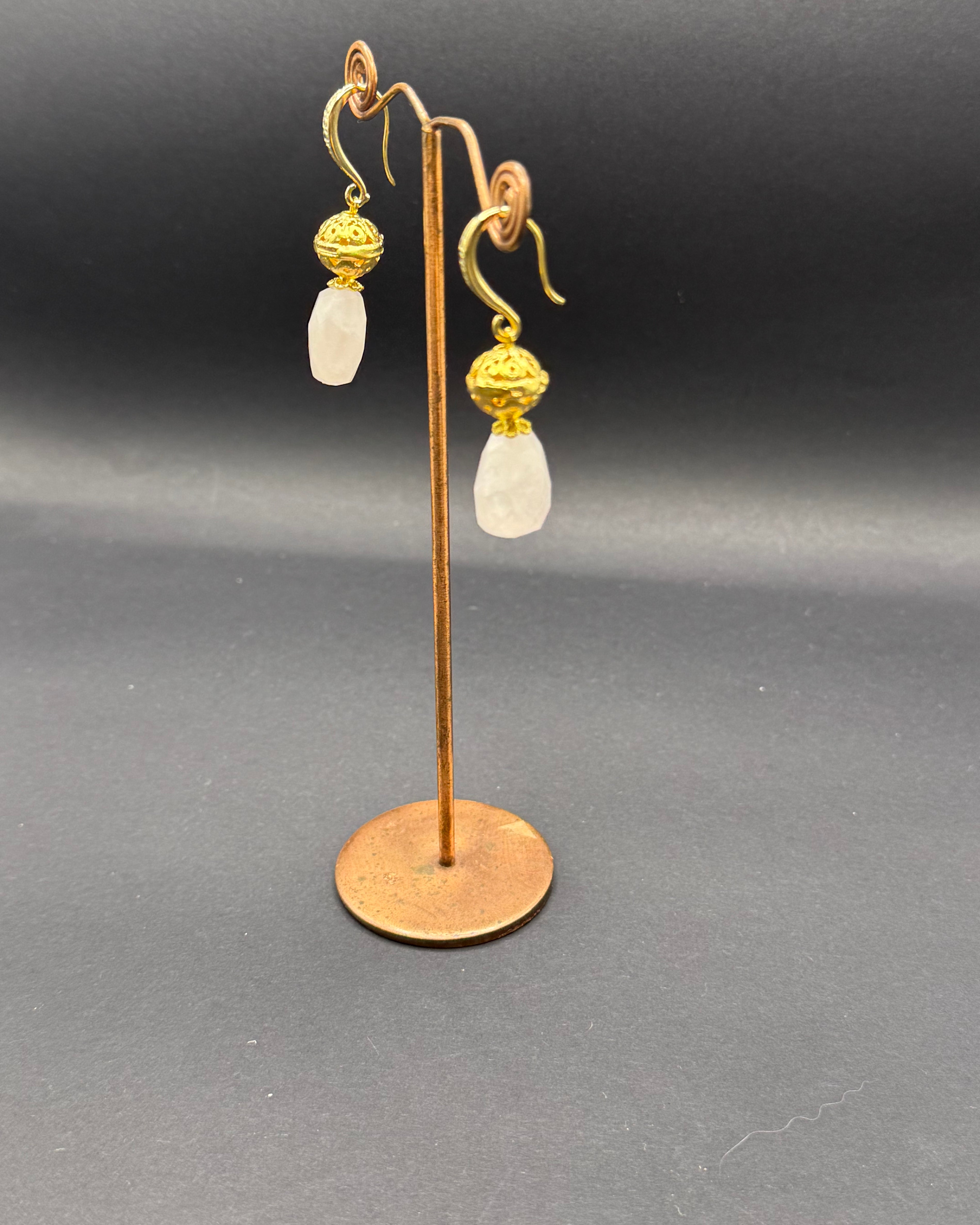 Rose Quartz & Gold Bead Drop Earrings – Handmade in Bristol