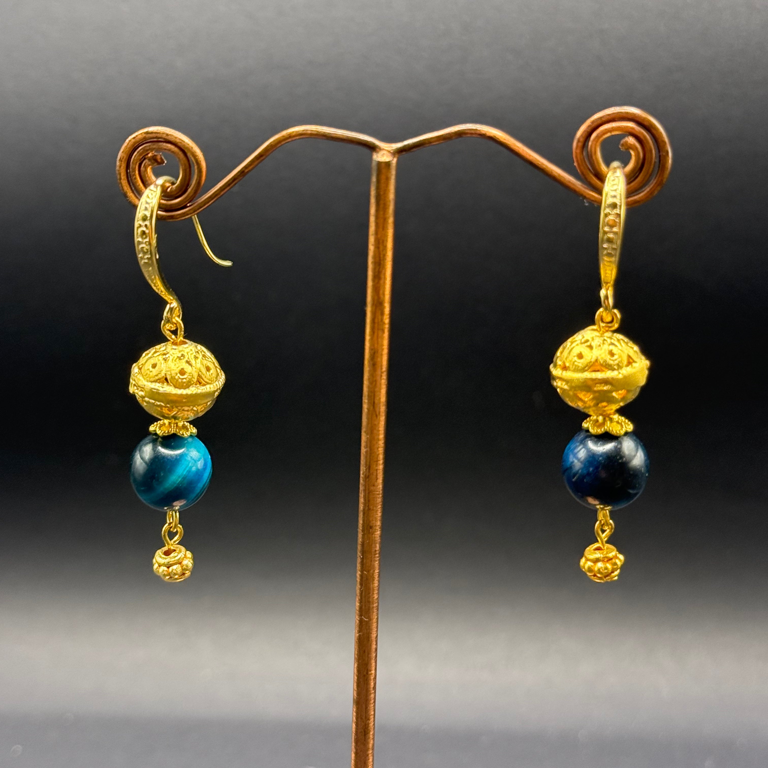 Blue Tiger's Eye & Gold Bead Drop Earrings – Handmade in Bristol