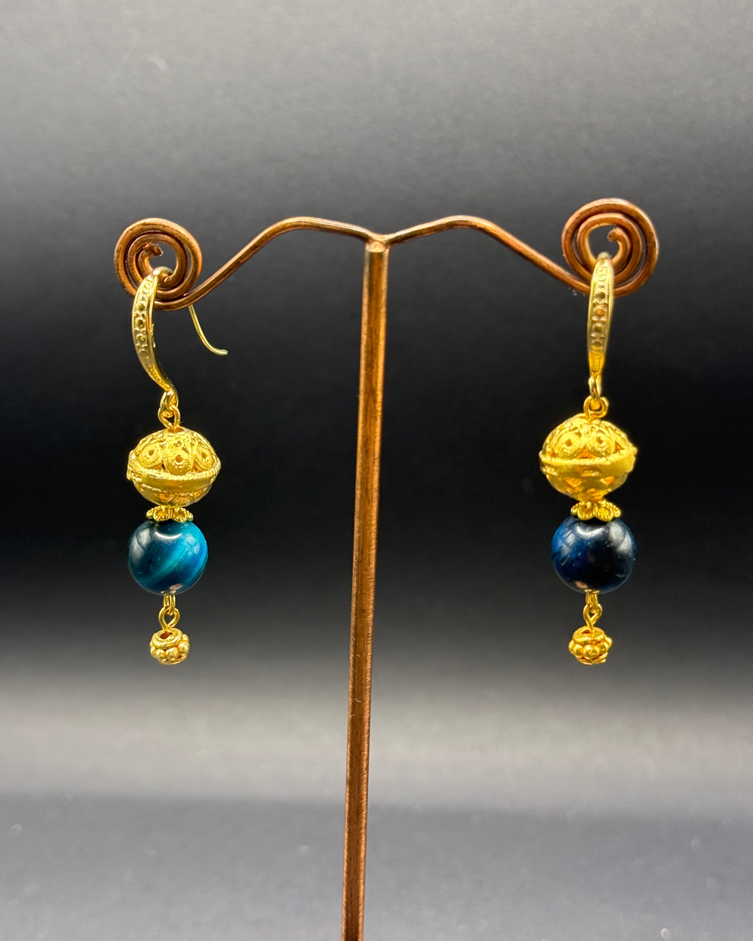 Blue Tiger's Eye & Gold Bead Drop Earrings – Handmade in Bristol