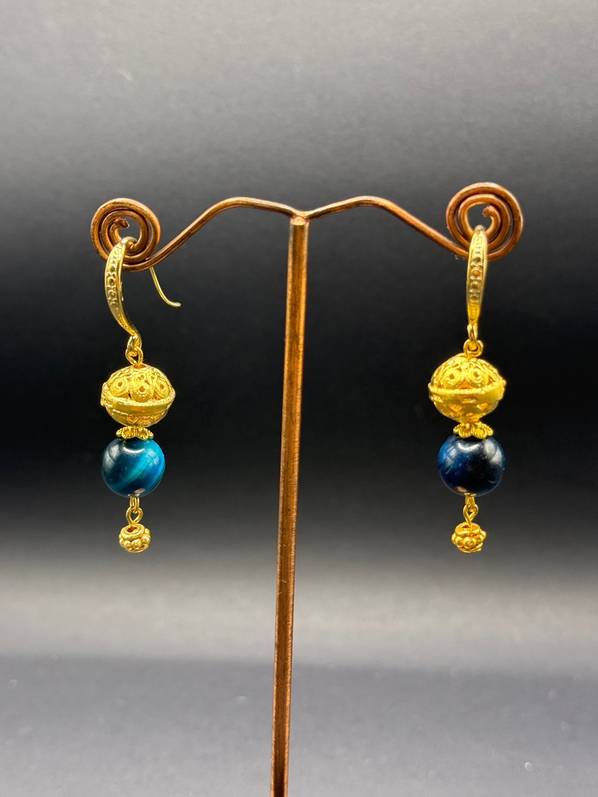 Blue Tiger's Eye & Gold Bead Drop Earrings – Handmade in Bristol