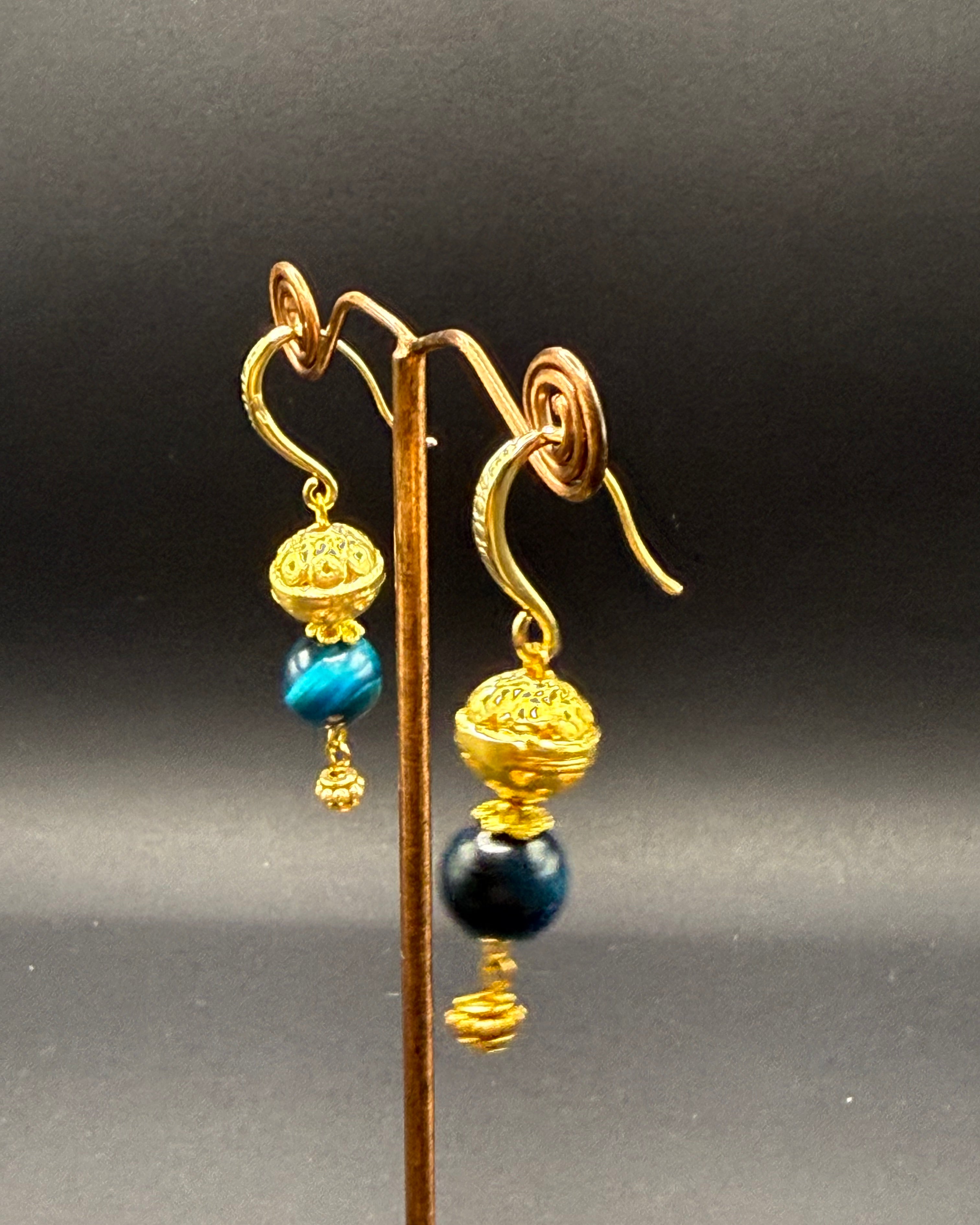 Blue Tiger's Eye & Gold Bead Drop Earrings – Handmade in Bristol