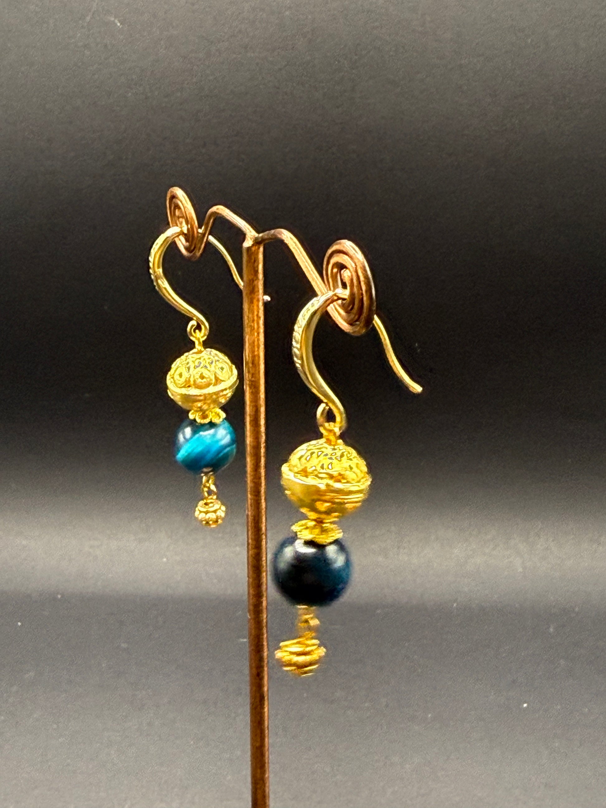 Blue Tiger's Eye & Gold Bead Drop Earrings – Handmade in Bristol