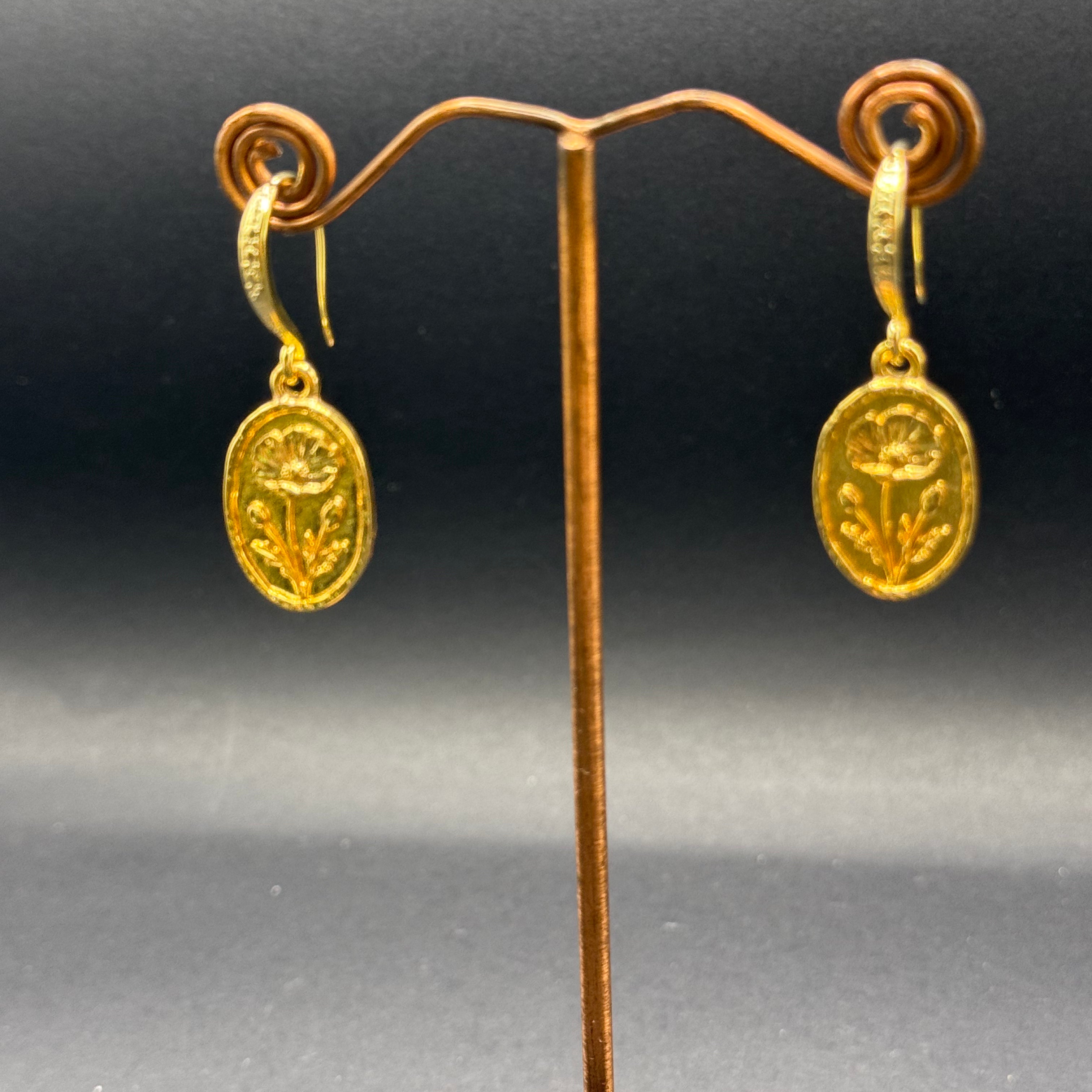 Gold Flower Motif Oval Drop Earrings – Handmade in Bristol