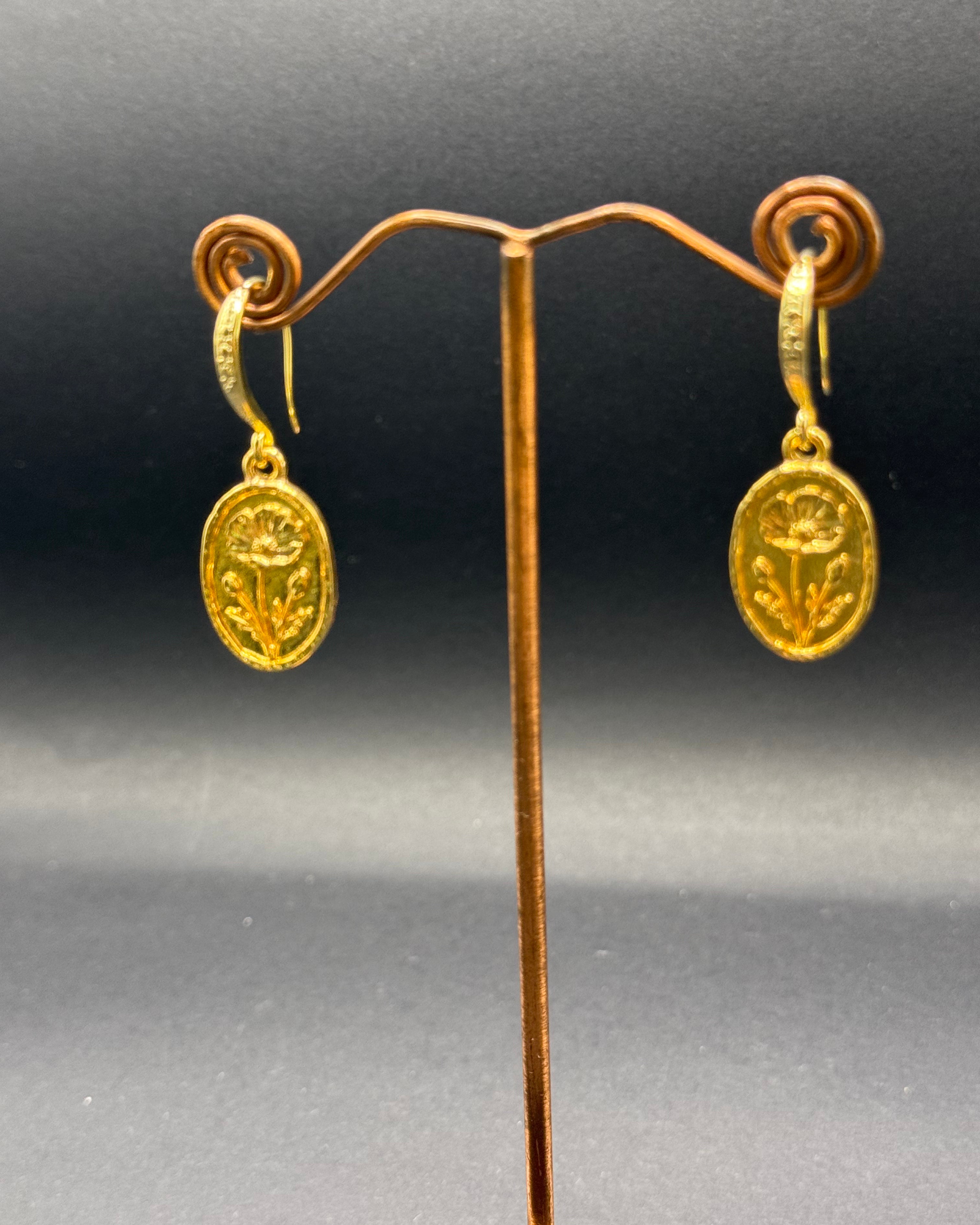 Gold Flower Motif Oval Drop Earrings – Handmade in Bristol