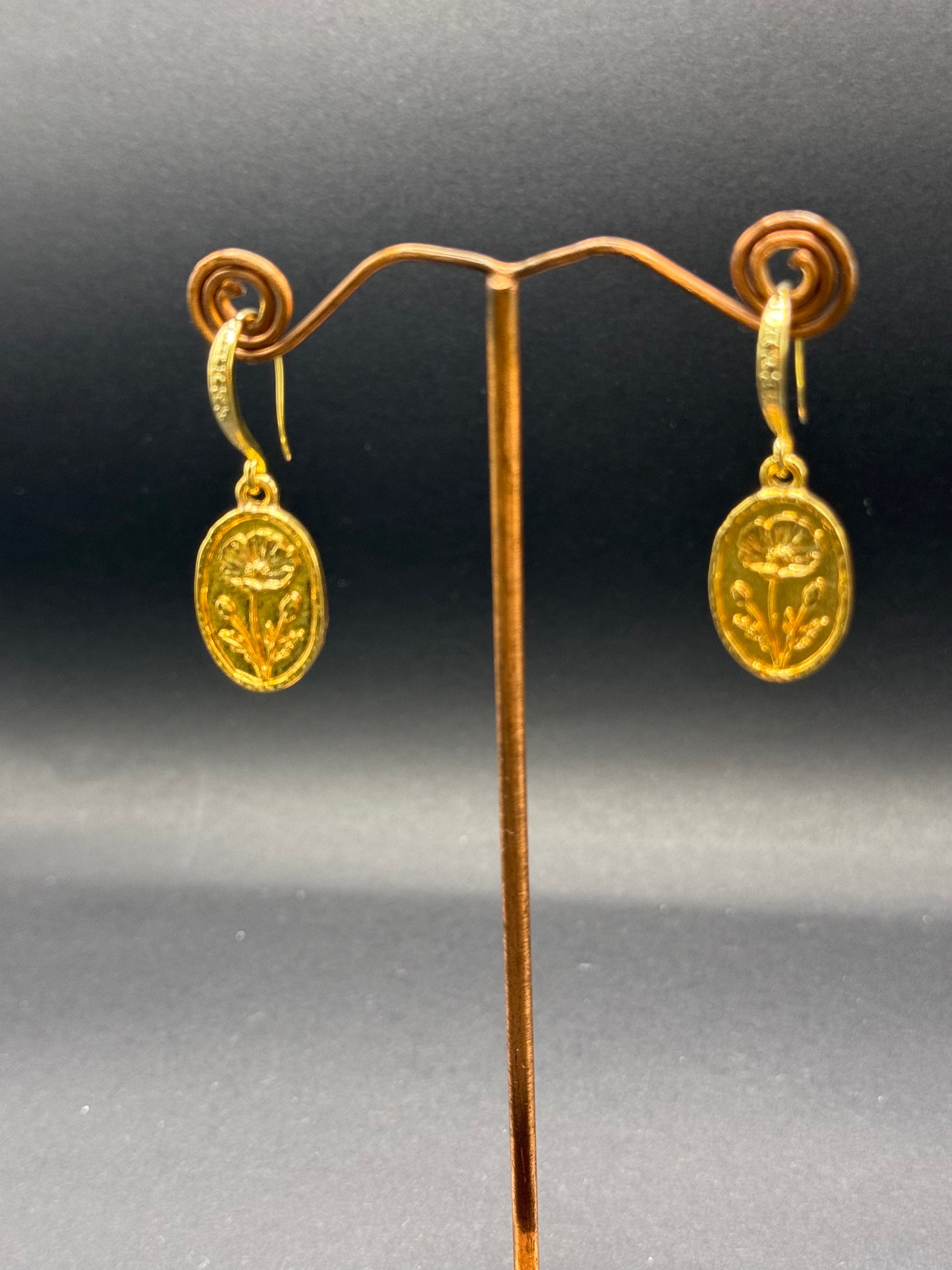 Gold Flower Motif Oval Drop Earrings – Handmade in Bristol