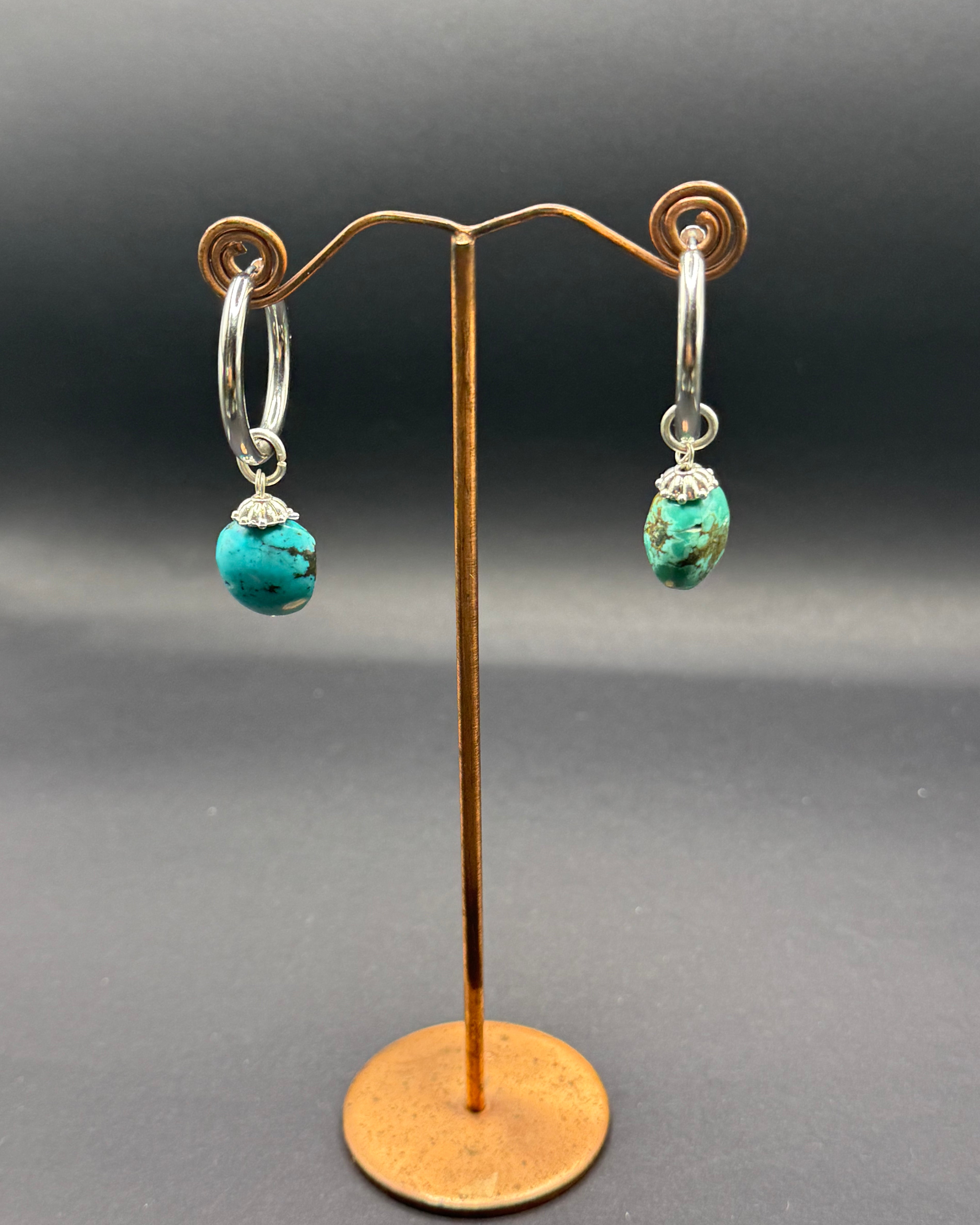 Turquoise & Silver Hoop Drop Earrings – Handmade in Bristol