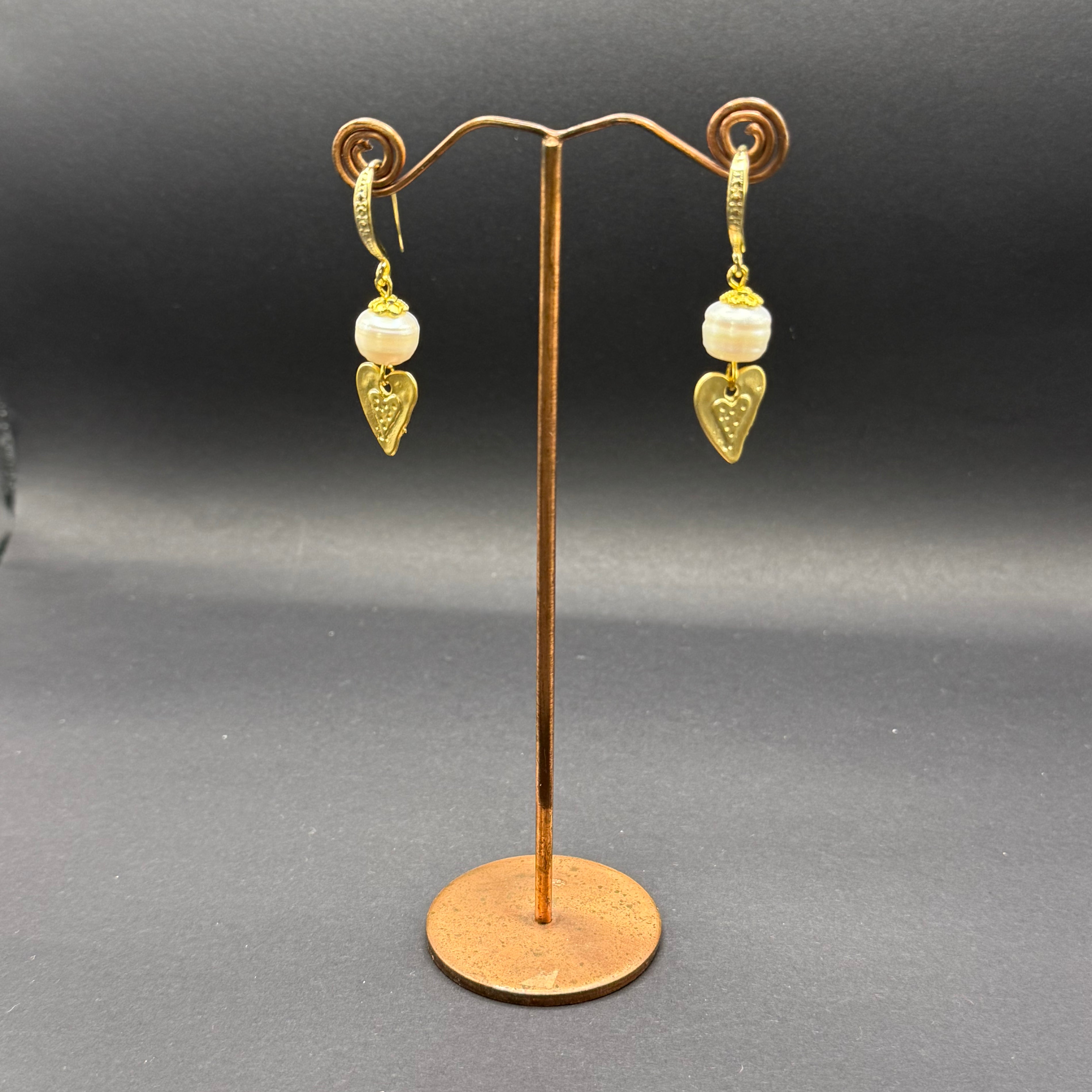 Freshwater Pearl & Gold Heart Drop Earrings – Handmade in Bristol