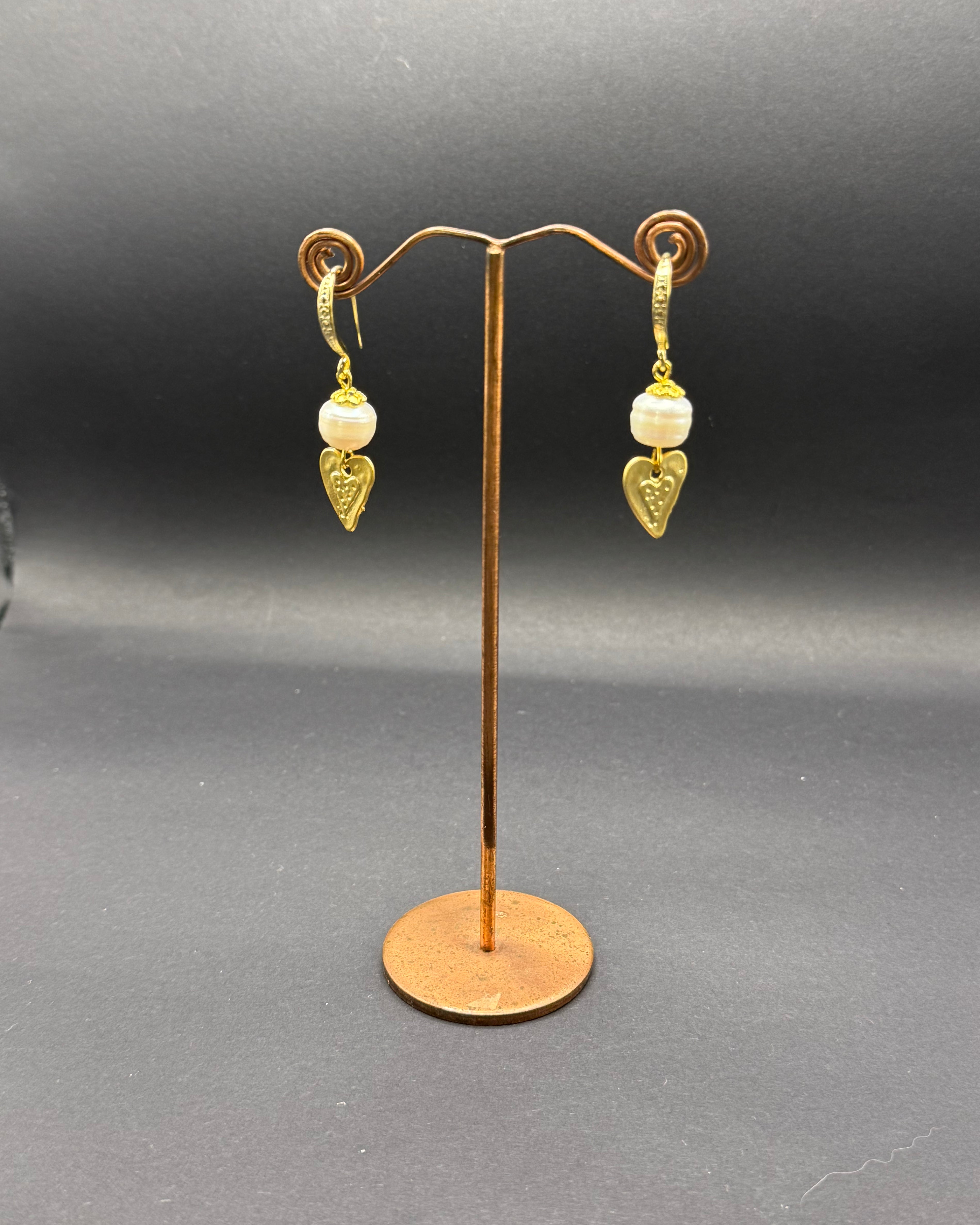 Freshwater Pearl & Gold Heart Drop Earrings – Handmade in Bristol
