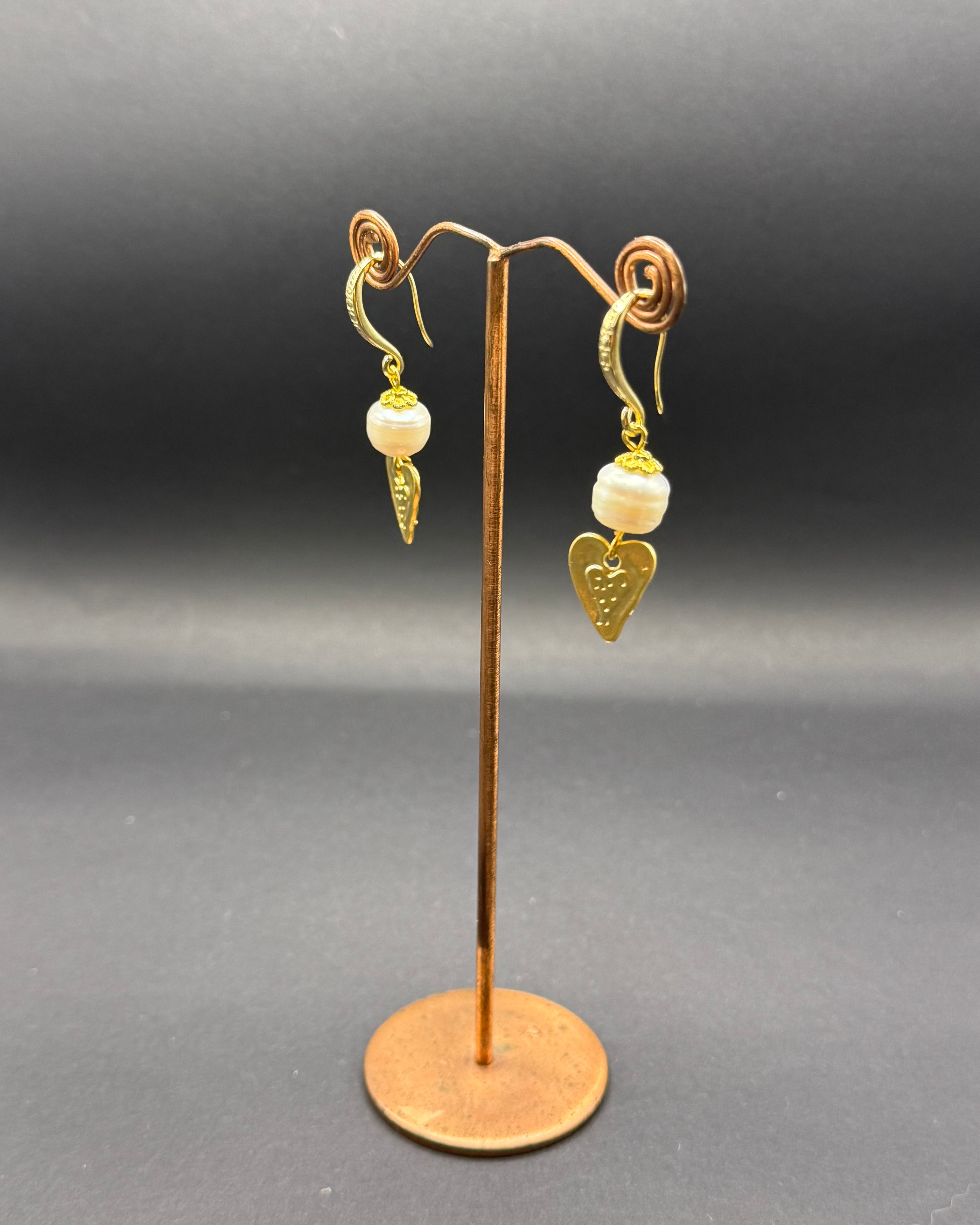 Freshwater Pearl & Gold Heart Drop Earrings – Handmade in Bristol