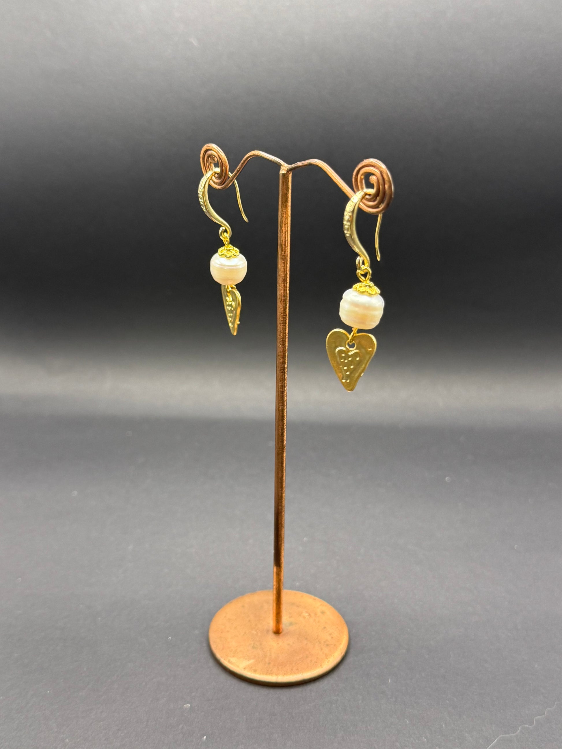 Freshwater Pearl & Gold Heart Drop Earrings – Handmade in Bristol