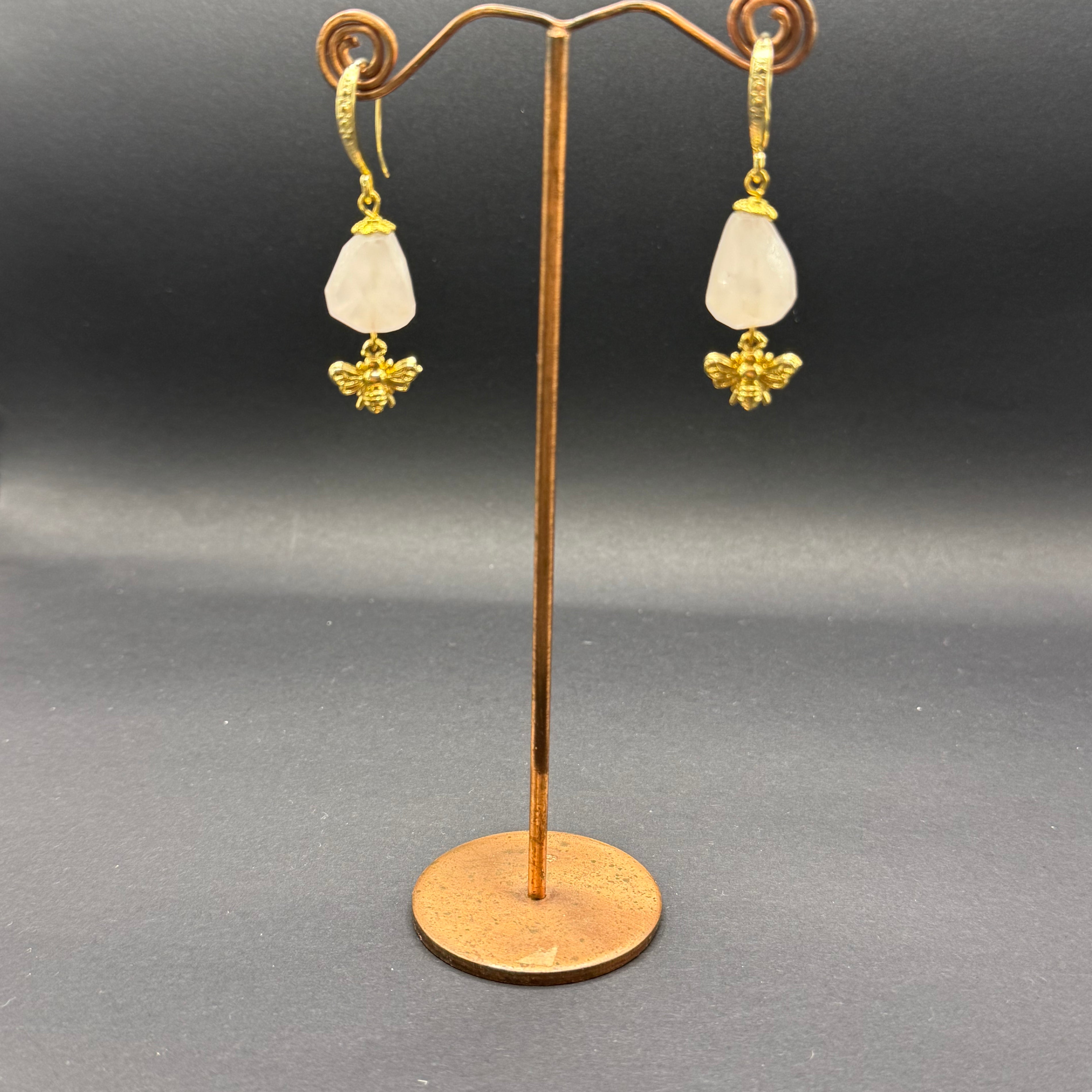 Rose Quartz & Gold Bee Drop Earrings – Handmade in Bristol