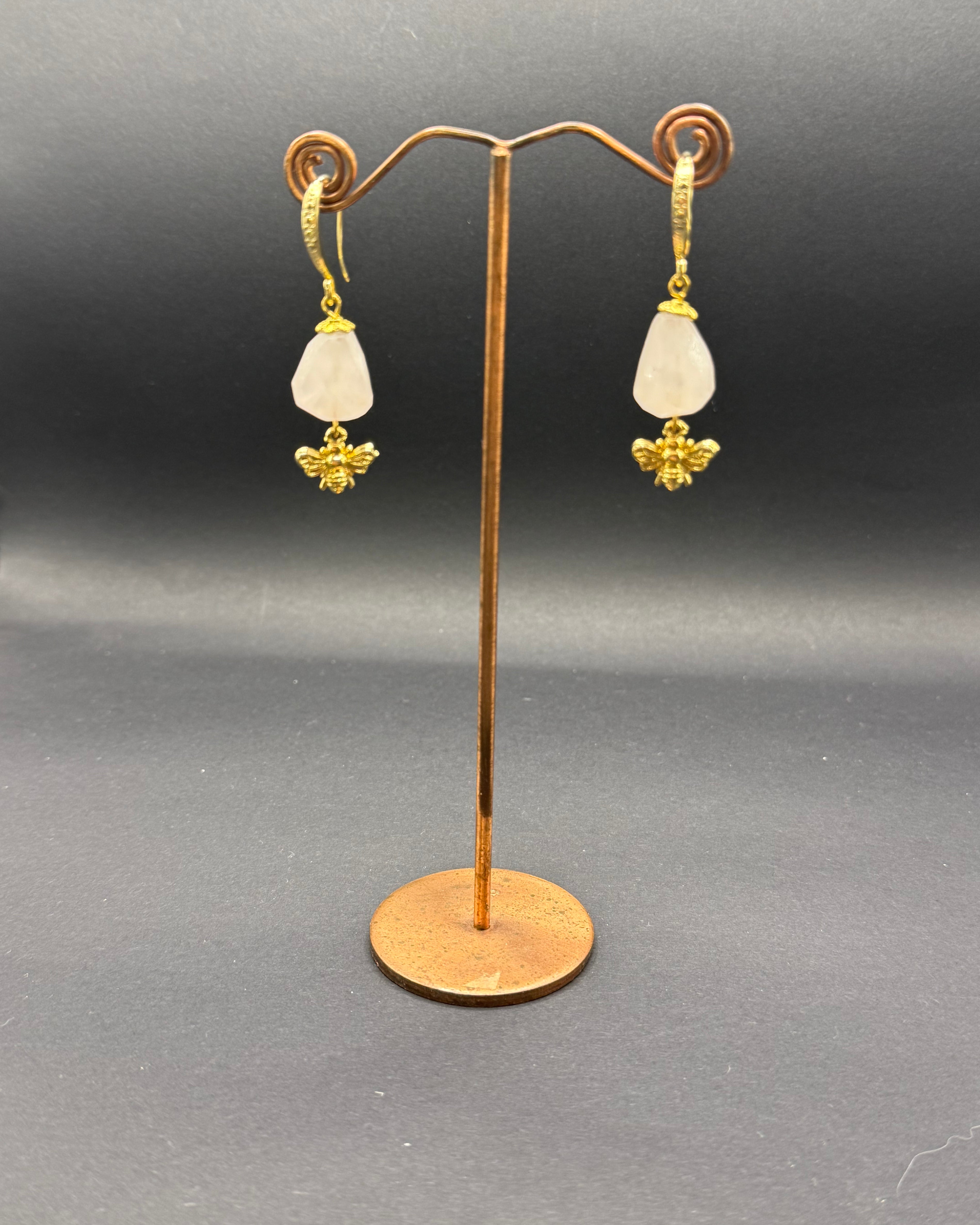 Rose Quartz & Gold Bee Drop Earrings – Handmade in Bristol