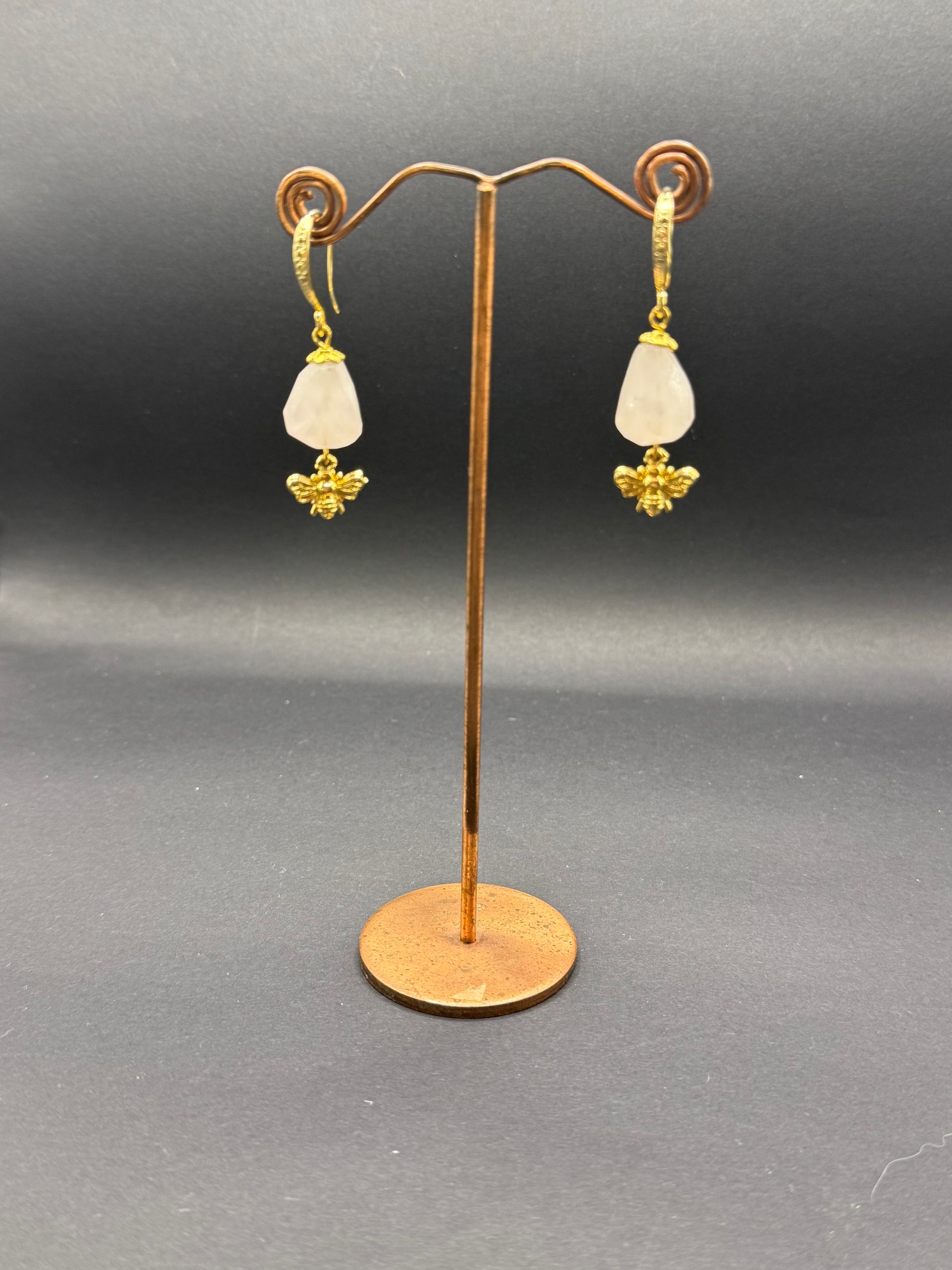 Rose Quartz & Gold Bee Drop Earrings – Handmade in Bristol