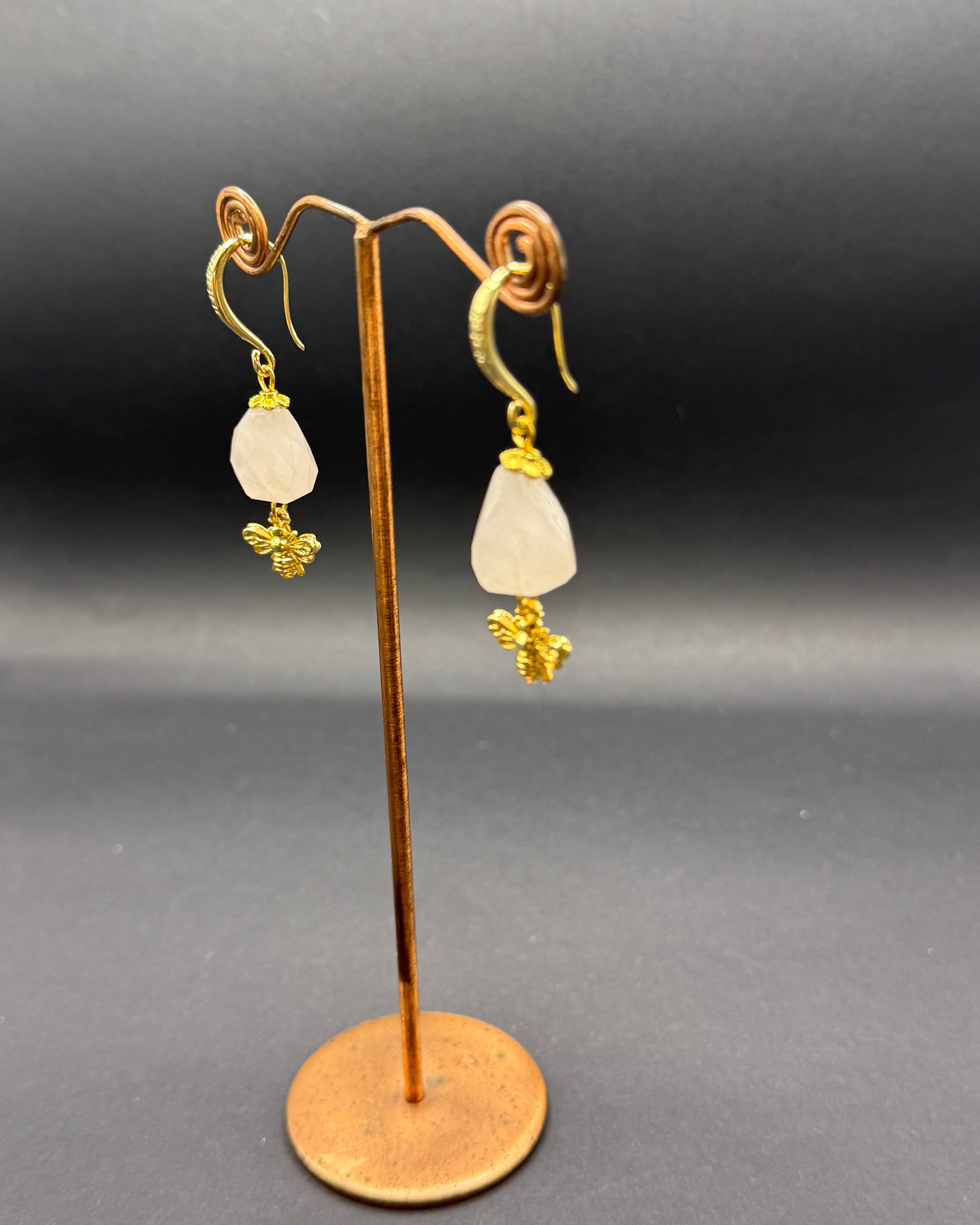 Rose Quartz & Gold Bee Drop Earrings – Handmade in Bristol
