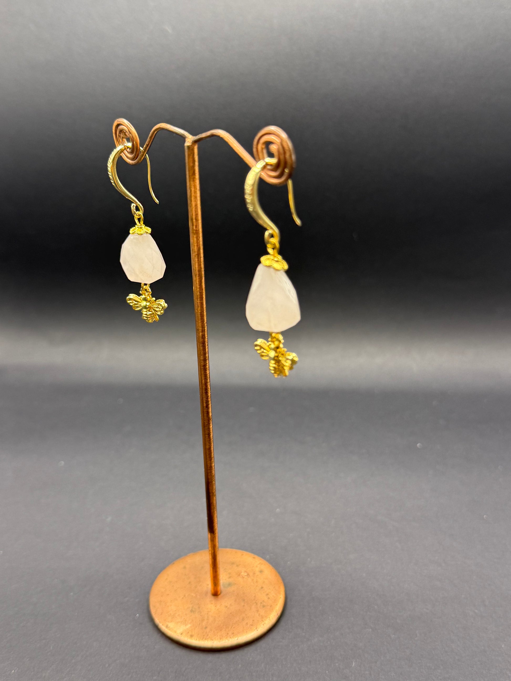 Rose Quartz & Gold Bee Drop Earrings – Handmade in Bristol