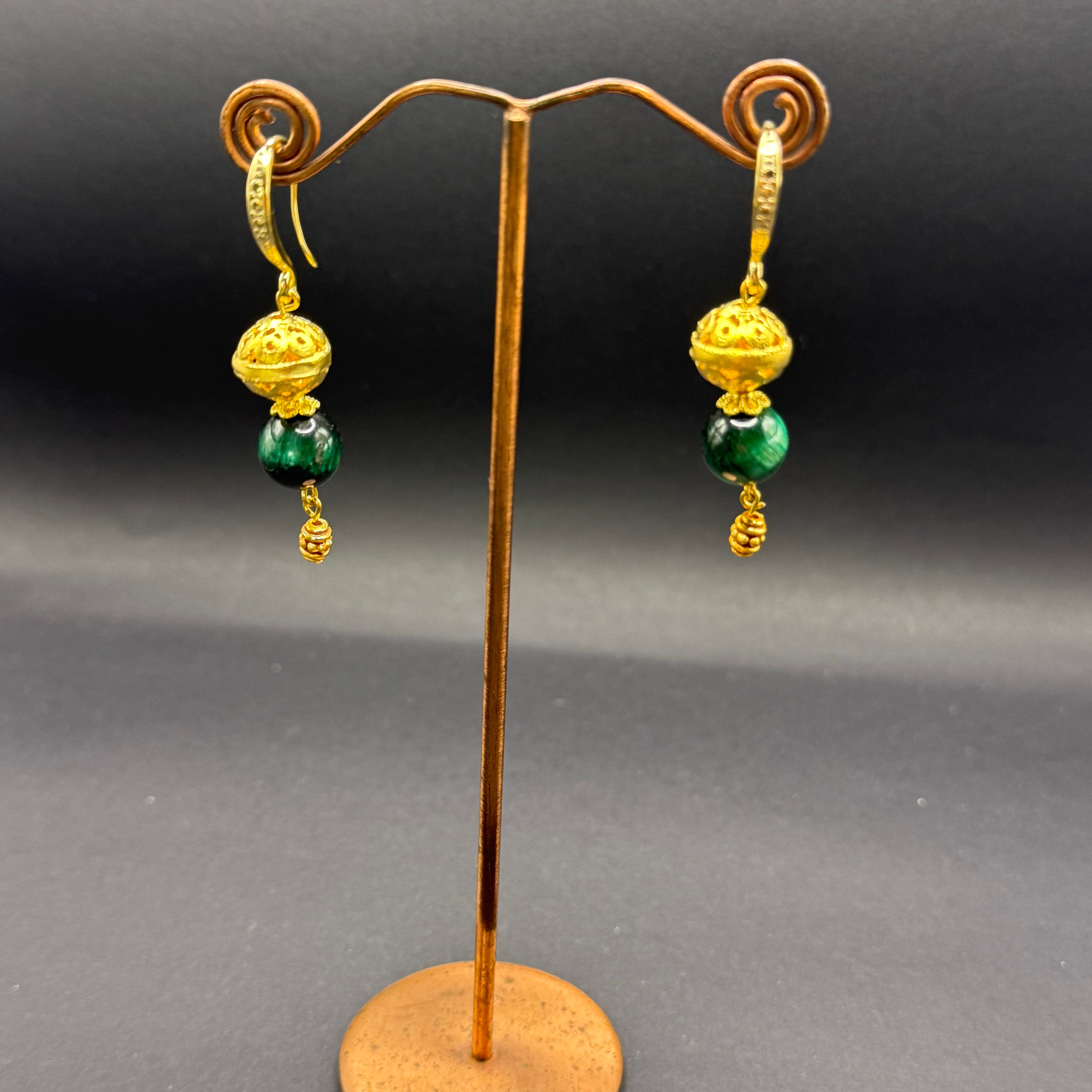 Green Tiger's Eye & Gold Bead Drop Earrings – Handmade in Bristol