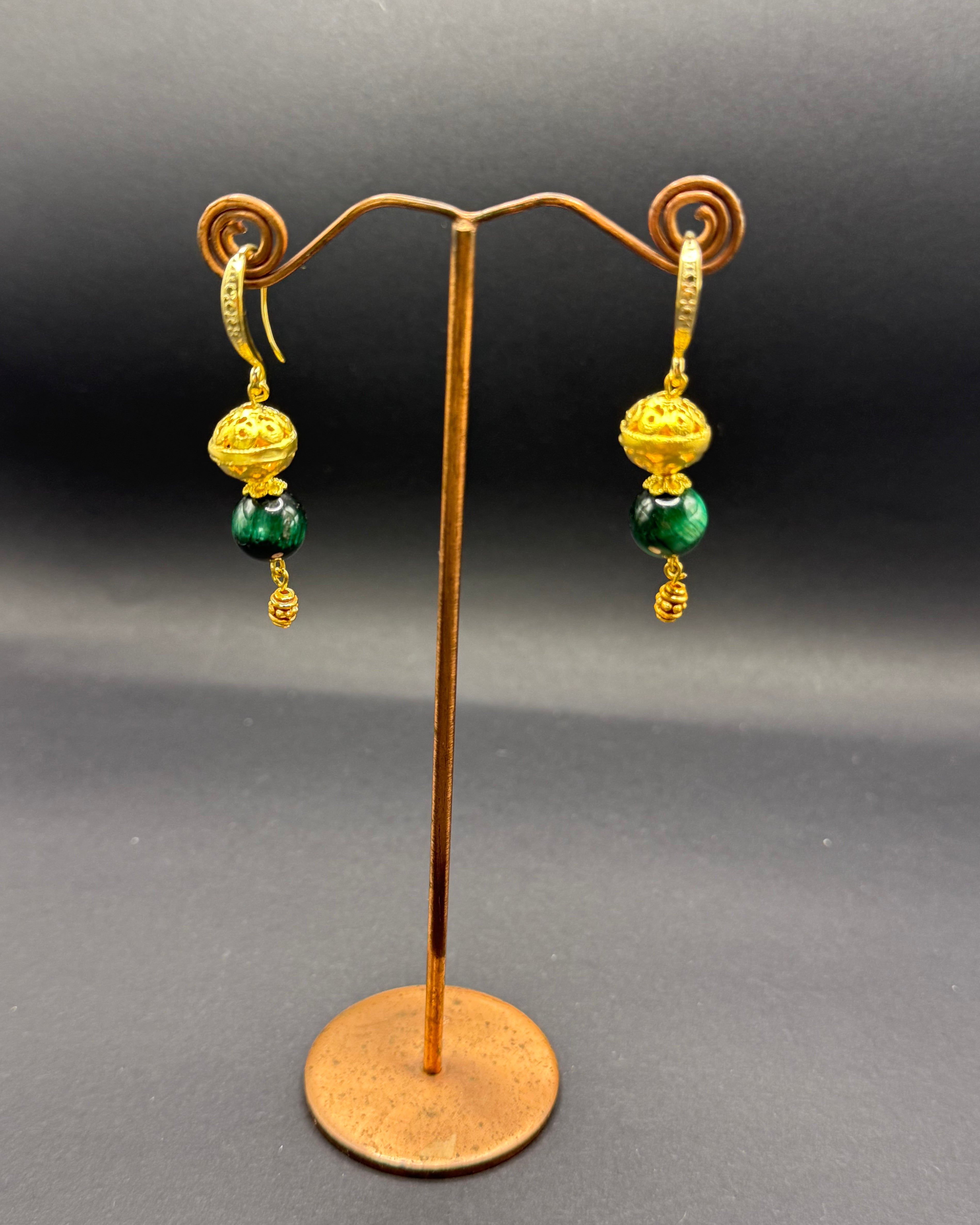 Green Tiger's Eye & Gold Bead Drop Earrings – Handmade in Bristol