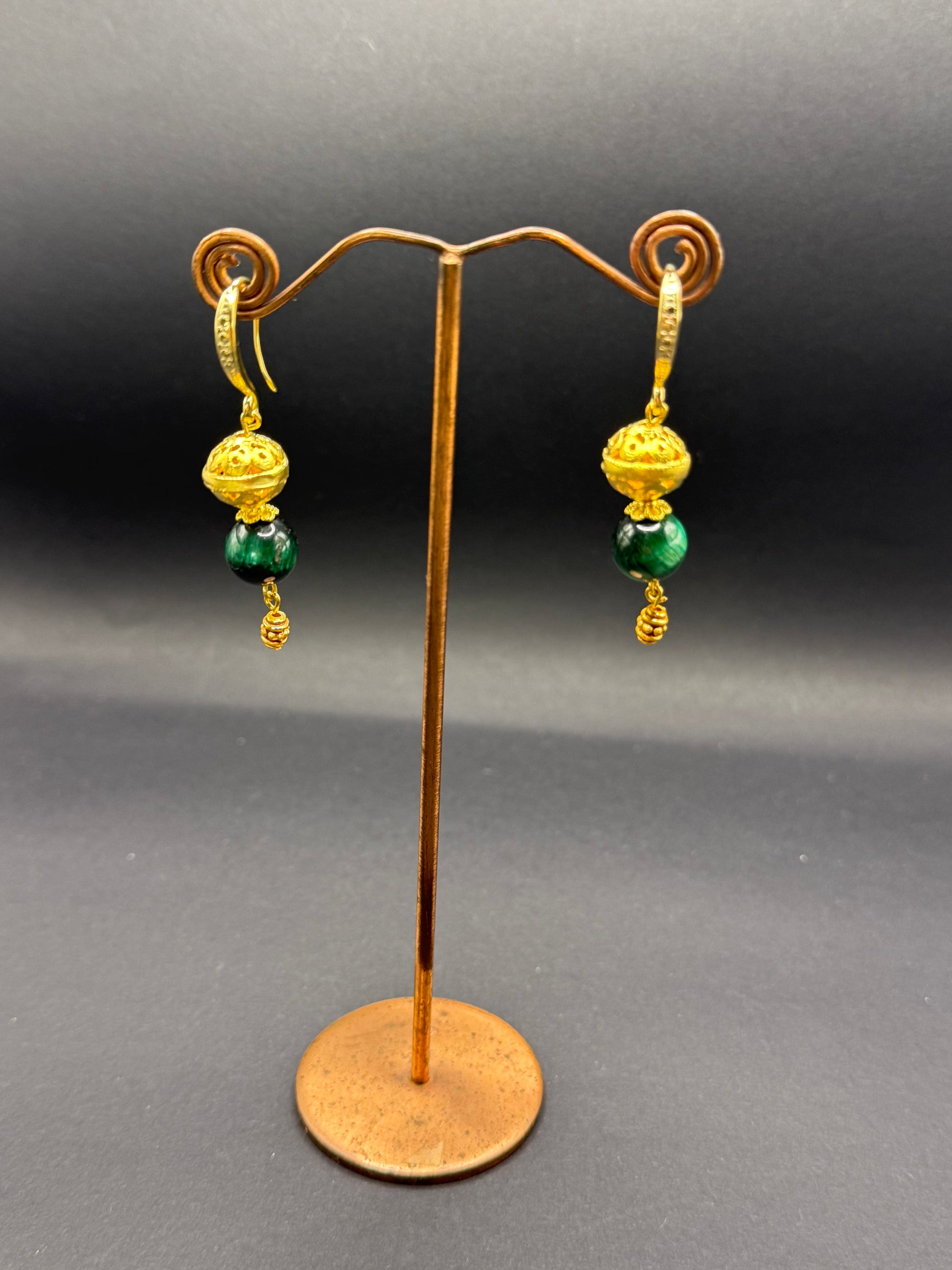 Green Tiger's Eye & Gold Bead Drop Earrings – Handmade in Bristol