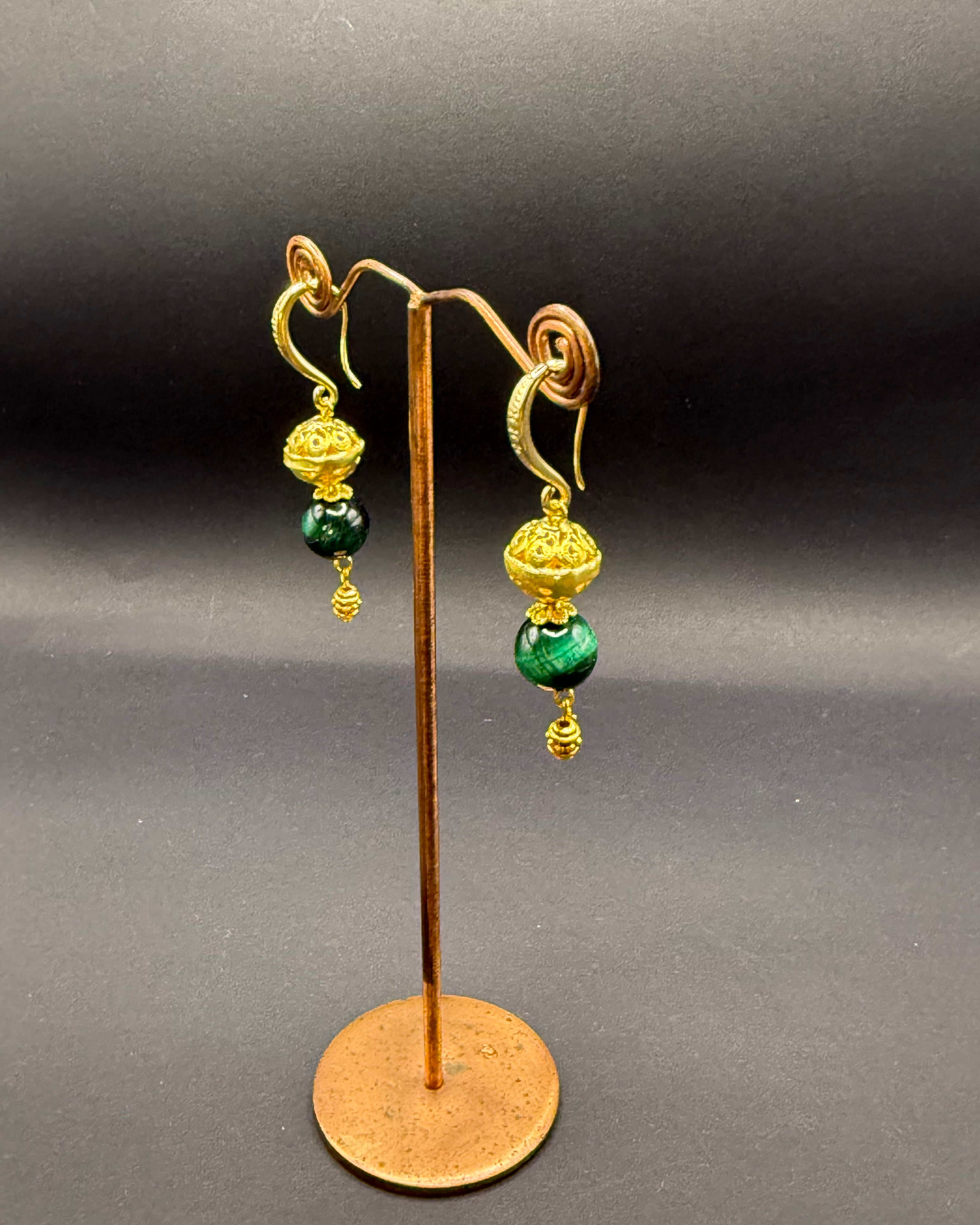 Green Tiger's Eye & Gold Bead Drop Earrings – Handmade in Bristol