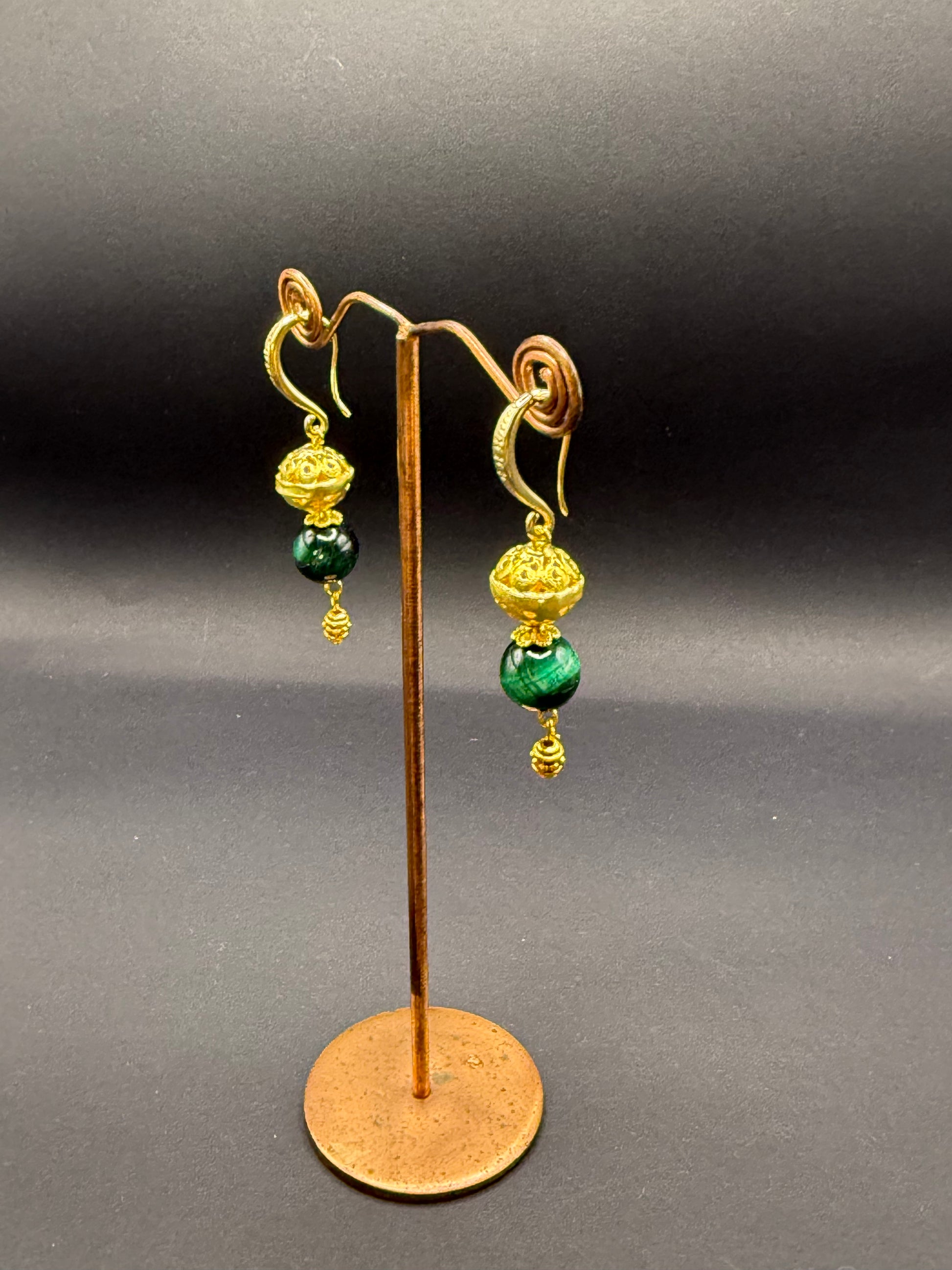 Green Tiger's Eye & Gold Bead Drop Earrings – Handmade in Bristol