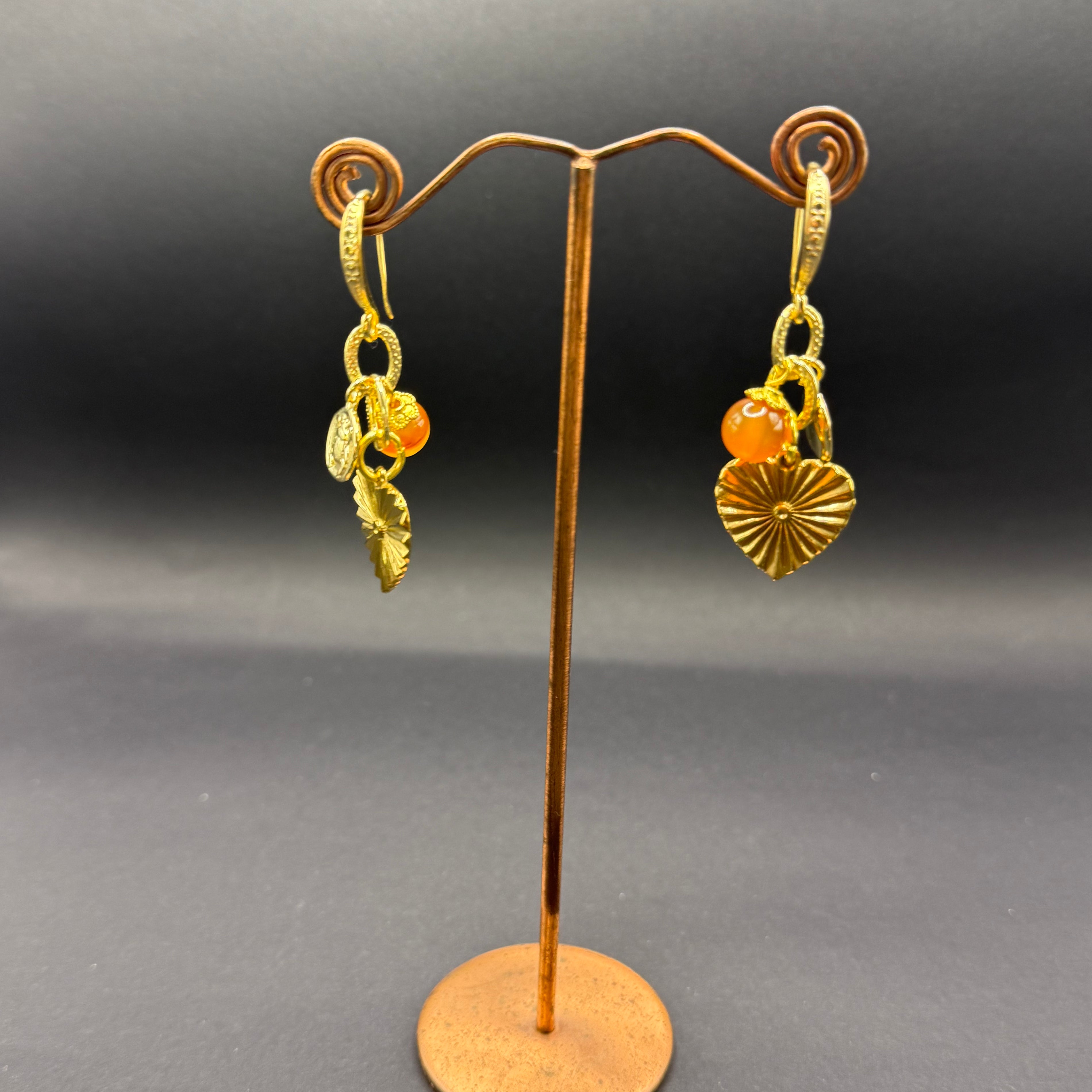Carnelian & Gold Heart Charm Drop Earrings – Handmade in Bristol