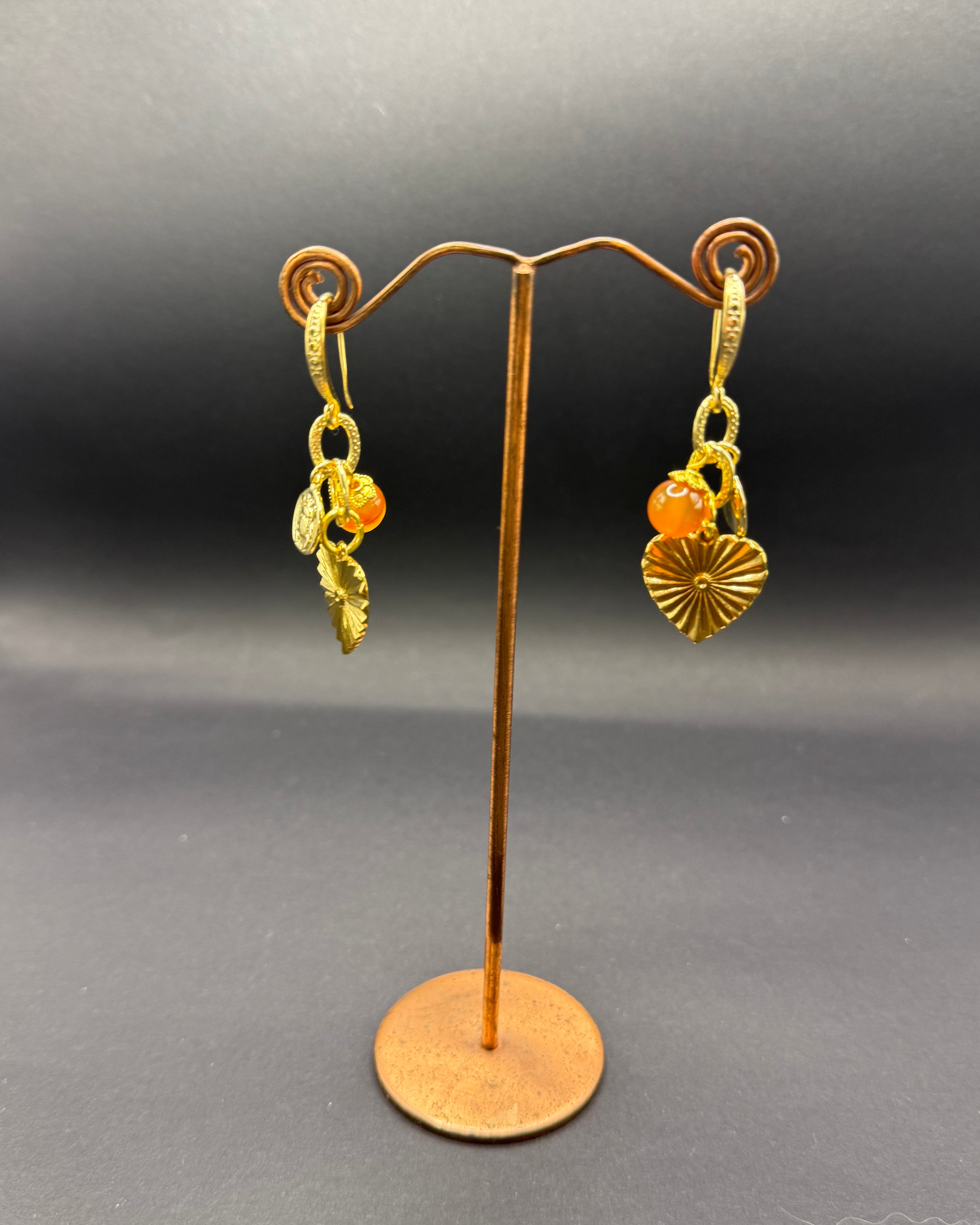 Carnelian & Gold Heart Charm Drop Earrings – Handmade in Bristol