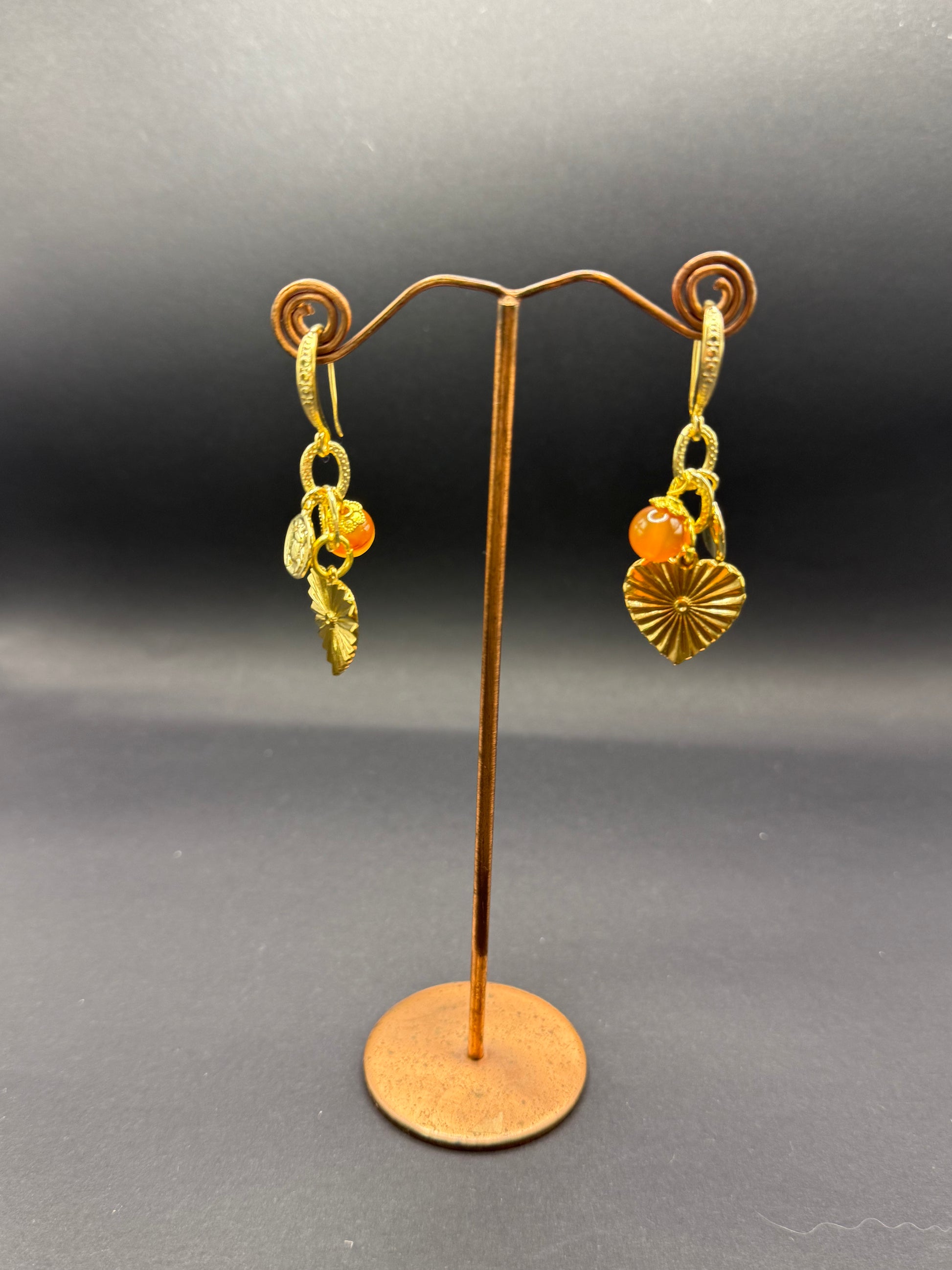 Carnelian & Gold Heart Charm Drop Earrings – Handmade in Bristol