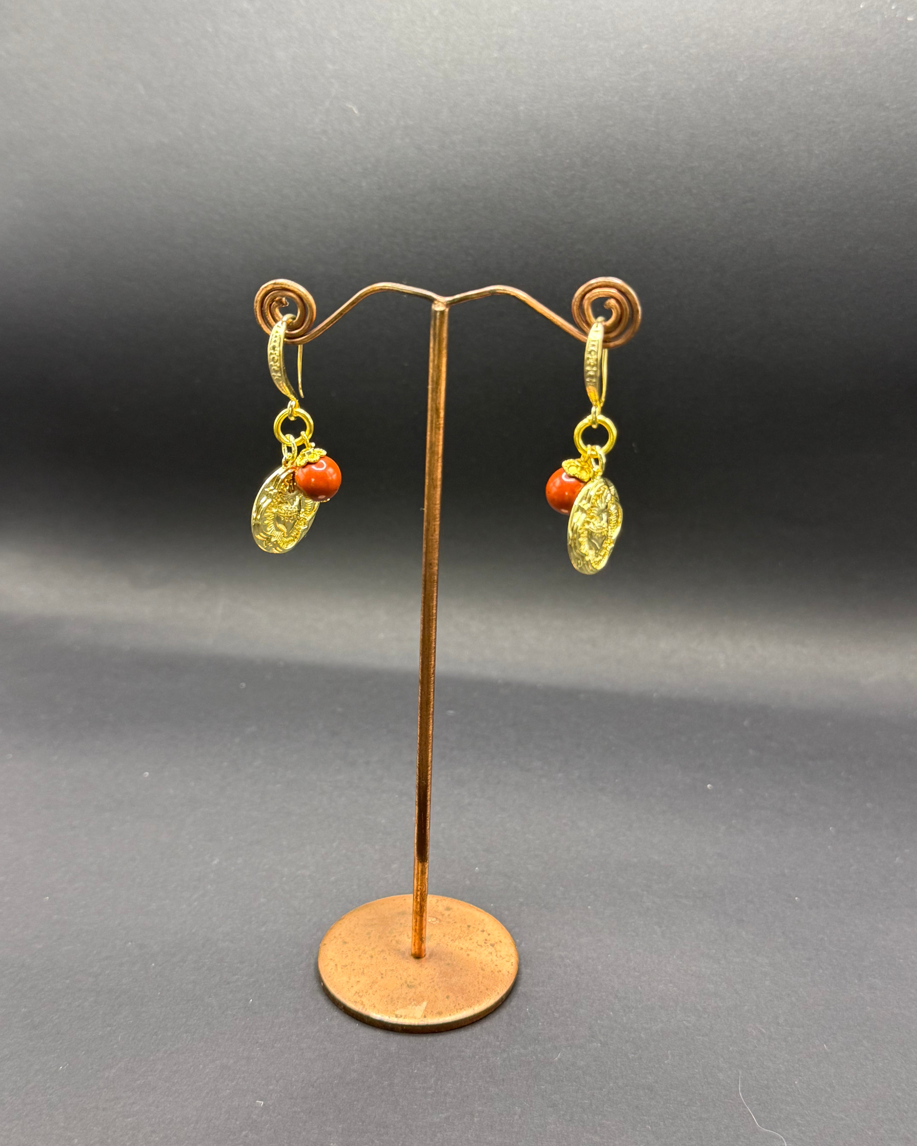 Sponge Coral & Gold Heart Charm Drop Earrings – Handmade in Bristol