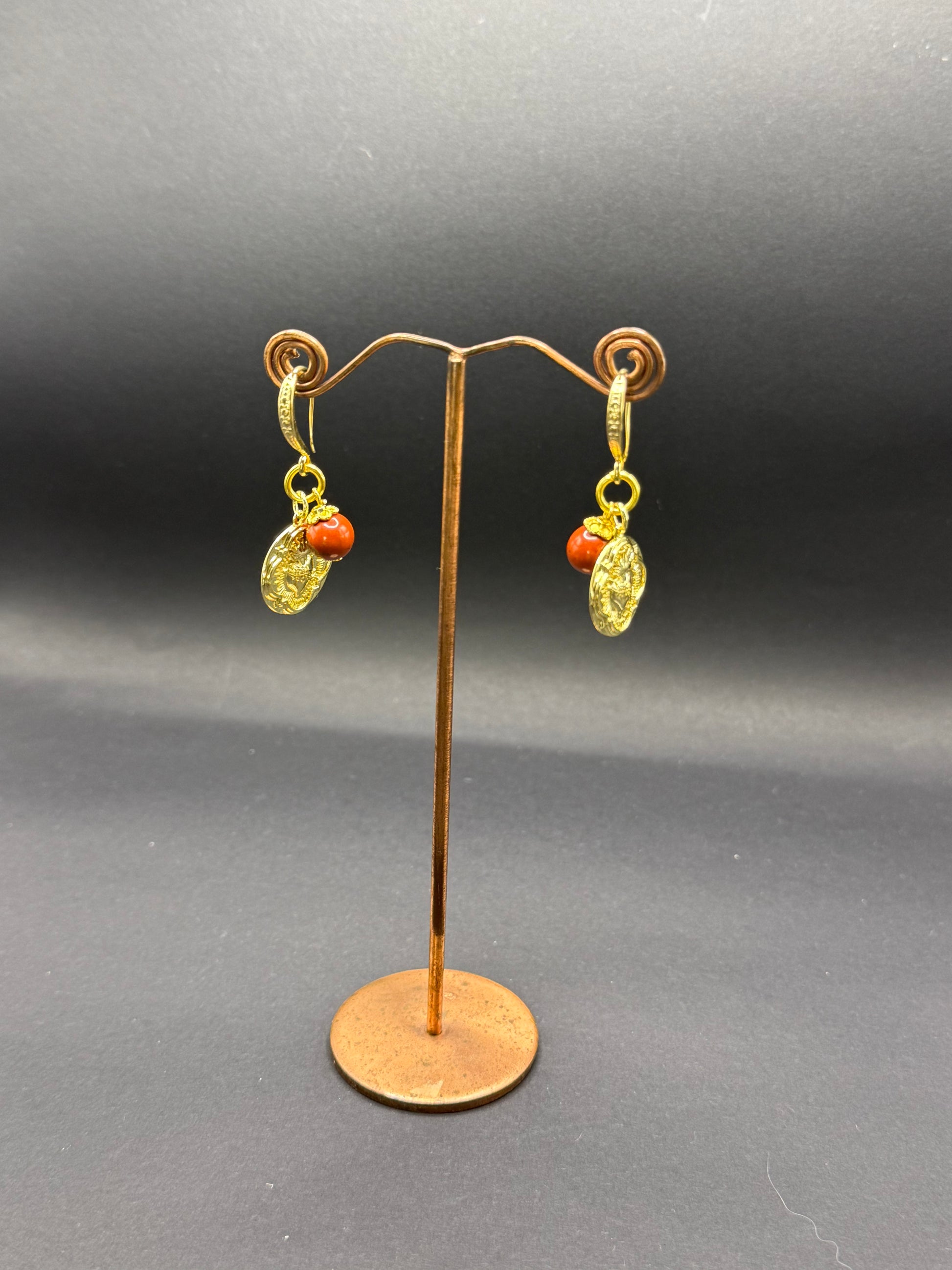Sponge Coral & Gold Heart Charm Drop Earrings – Handmade in Bristol