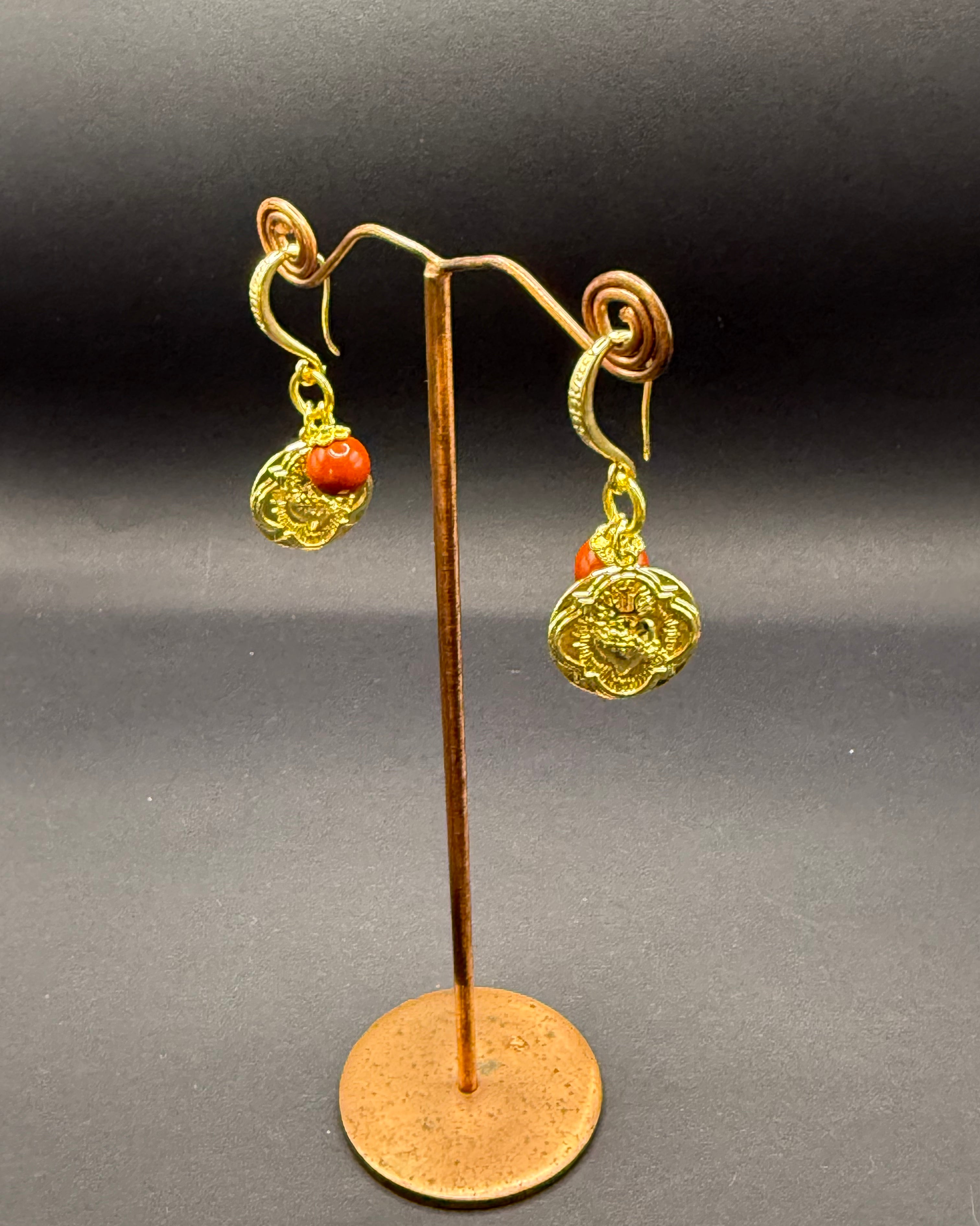 Sponge Coral & Gold Heart Charm Drop Earrings – Handmade in Bristol