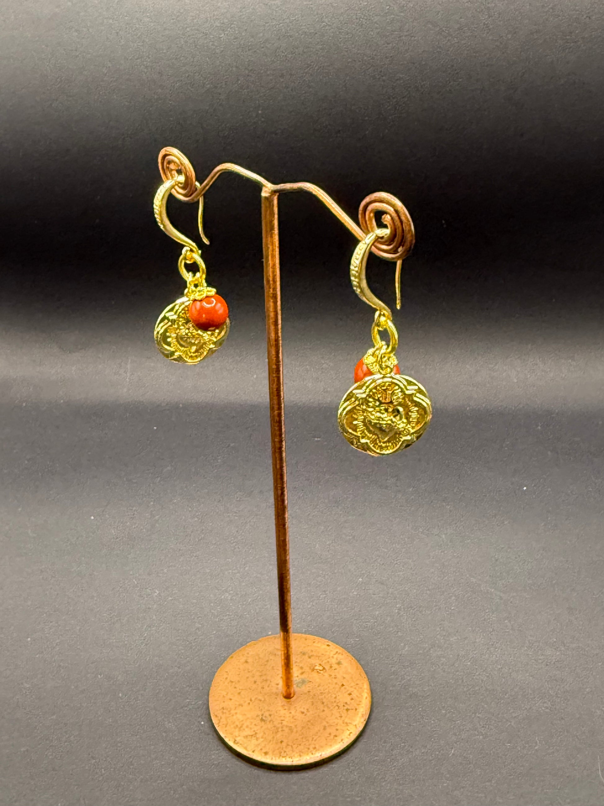 Sponge Coral & Gold Heart Charm Drop Earrings – Handmade in Bristol