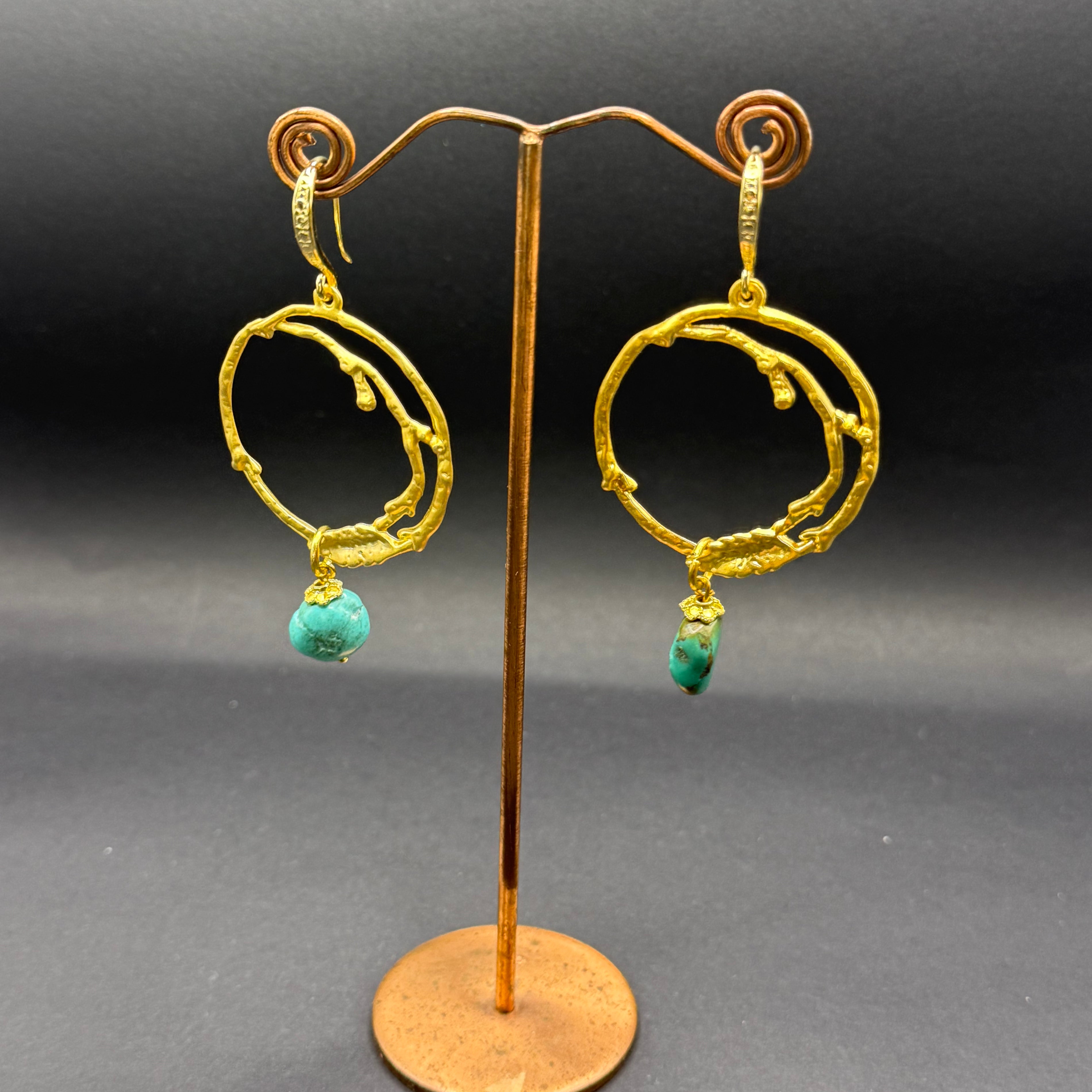 Irregular Gold Hoop & Turquoise Drop Earrings – Handmade in Bristol
