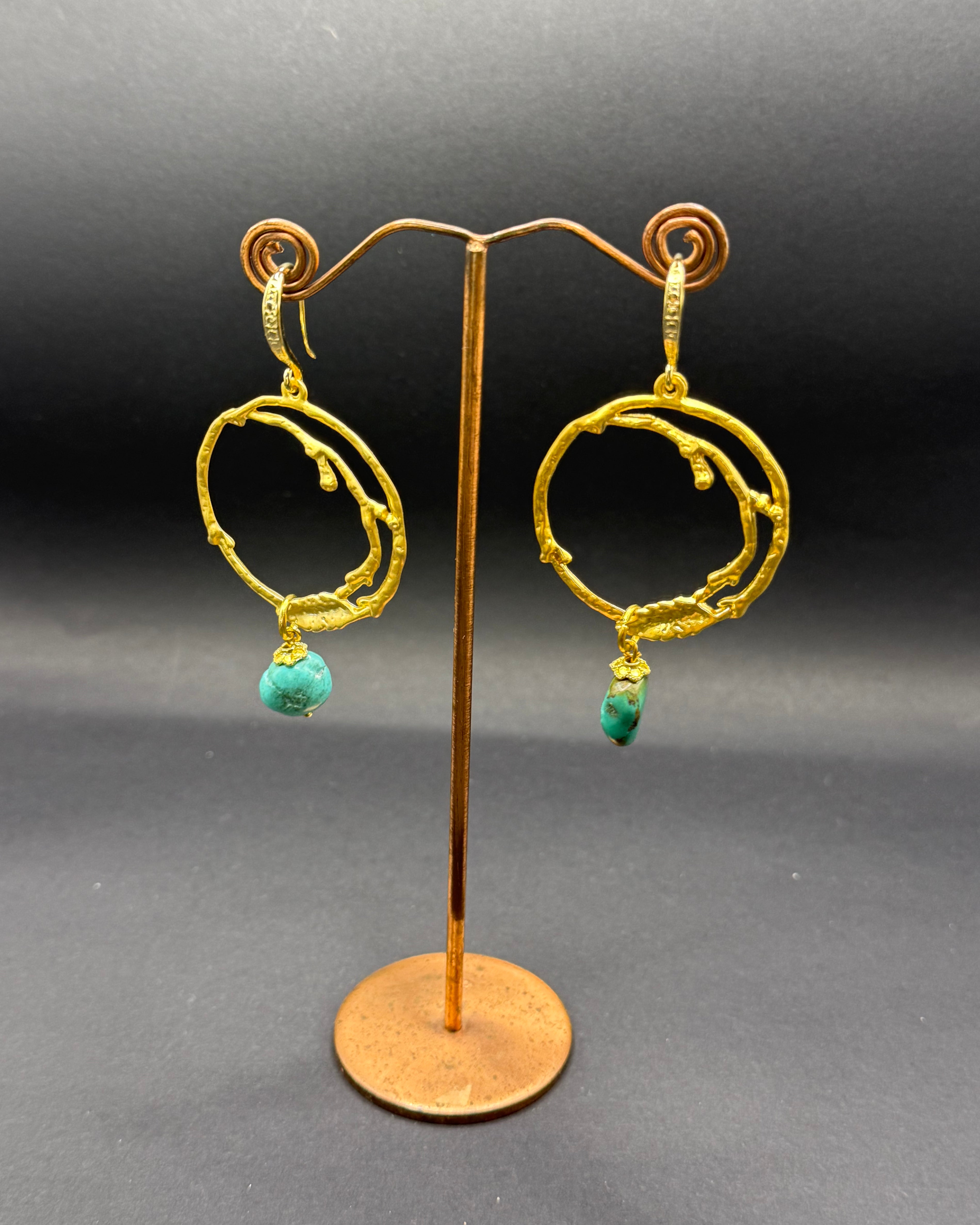 Irregular Gold Hoop & Turquoise Drop Earrings – Handmade in Bristol