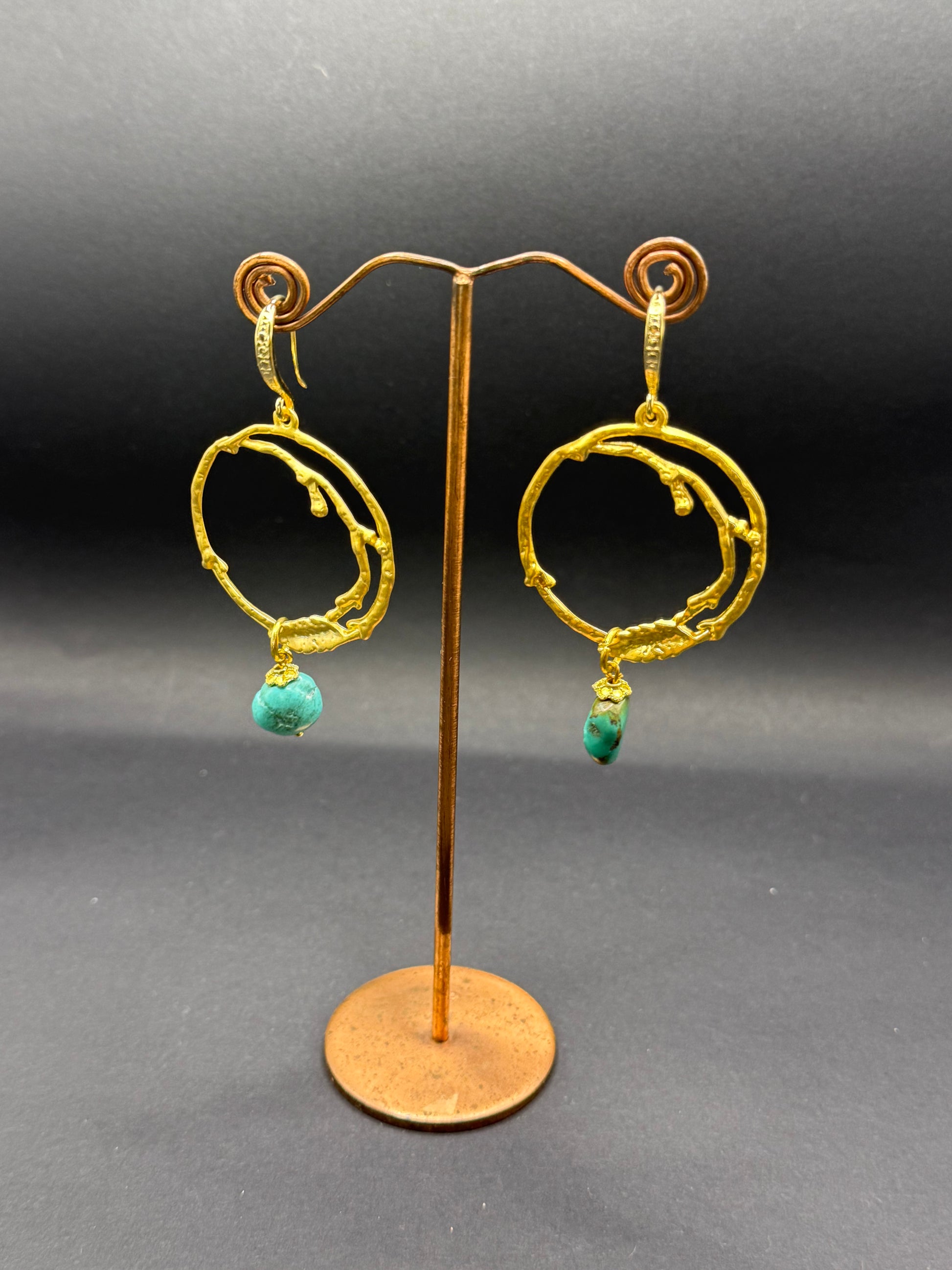 Irregular Gold Hoop & Turquoise Drop Earrings – Handmade in Bristol