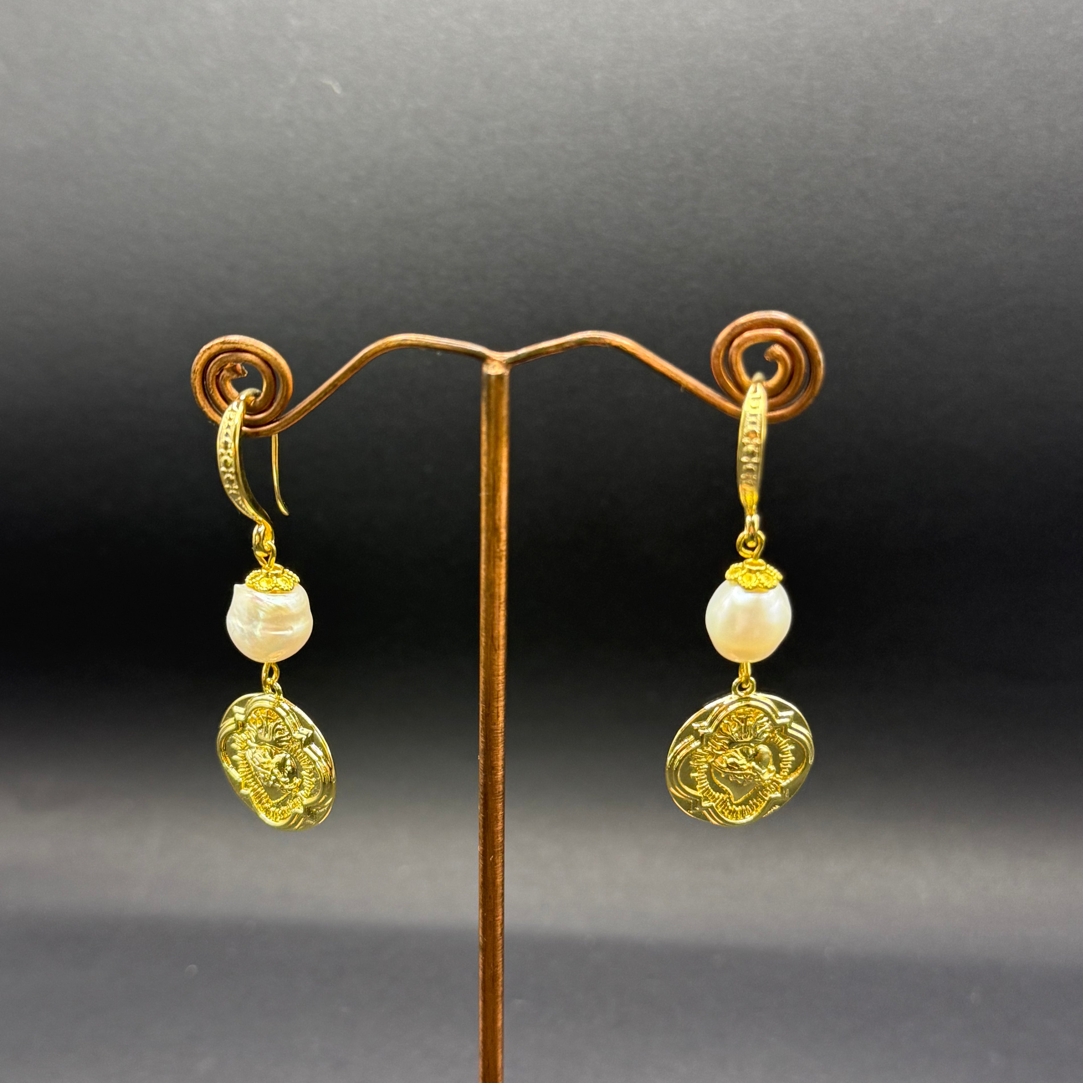 Freshwater Pearl & Ornate Gold Heart Charm Drop Earrings – Handmade in Bristol