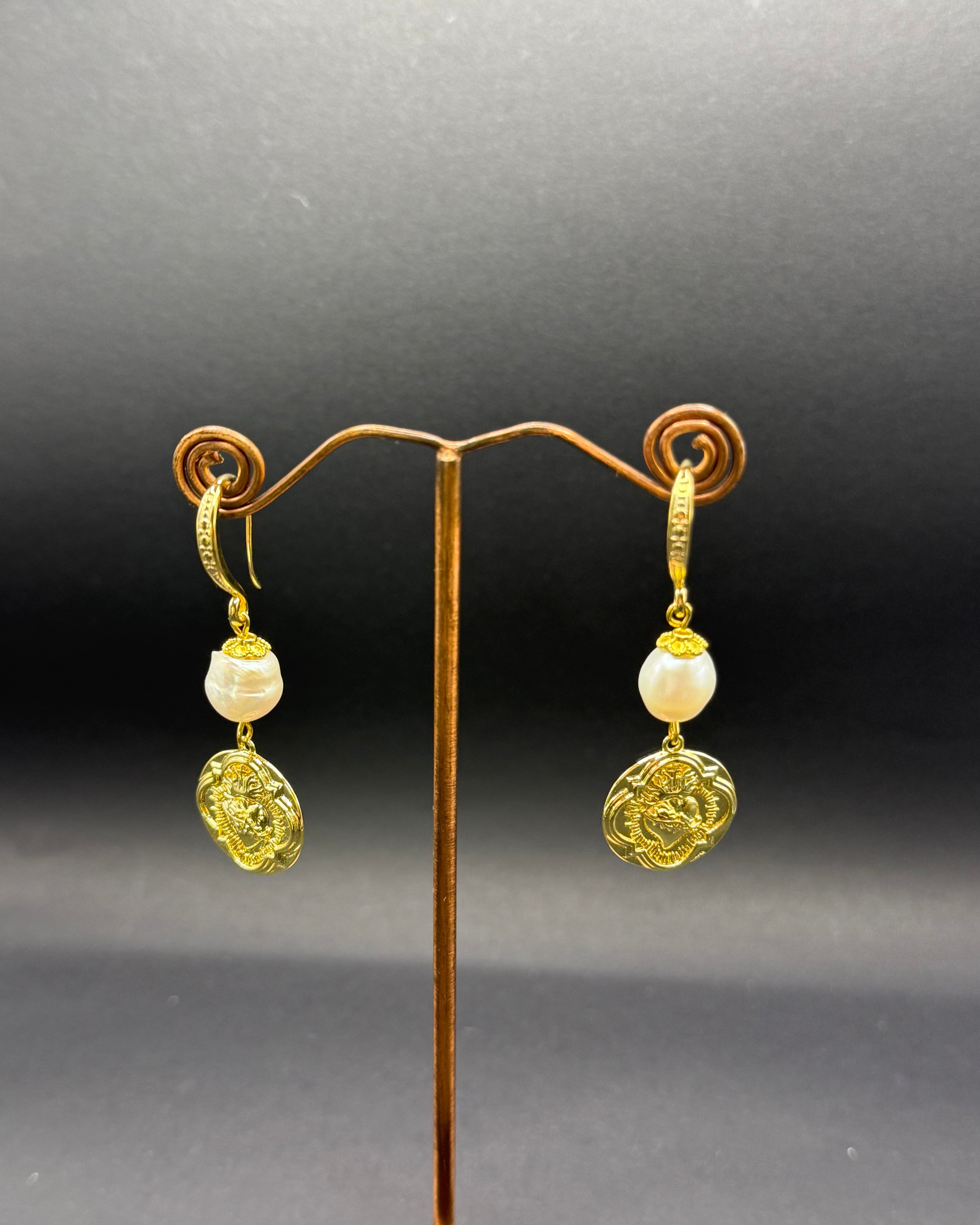 Freshwater Pearl & Ornate Gold Heart Charm Drop Earrings – Handmade in Bristol