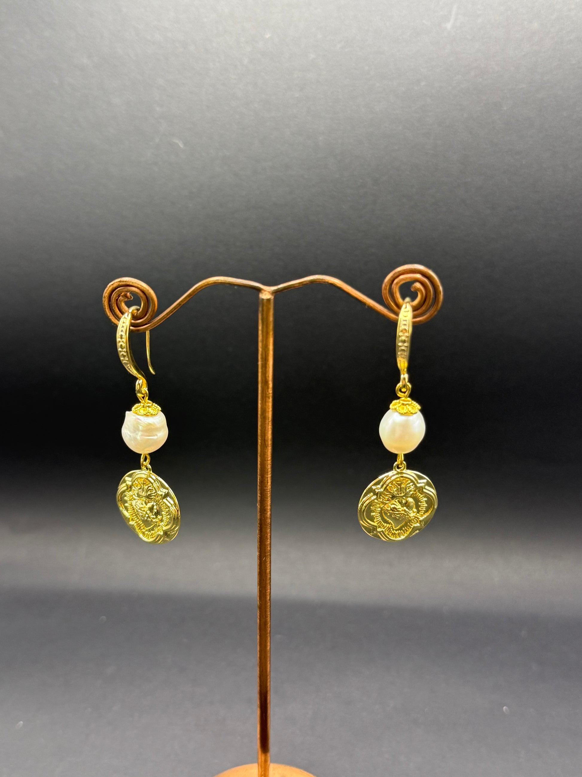 Freshwater Pearl & Ornate Gold Heart Charm Drop Earrings – Handmade in Bristol