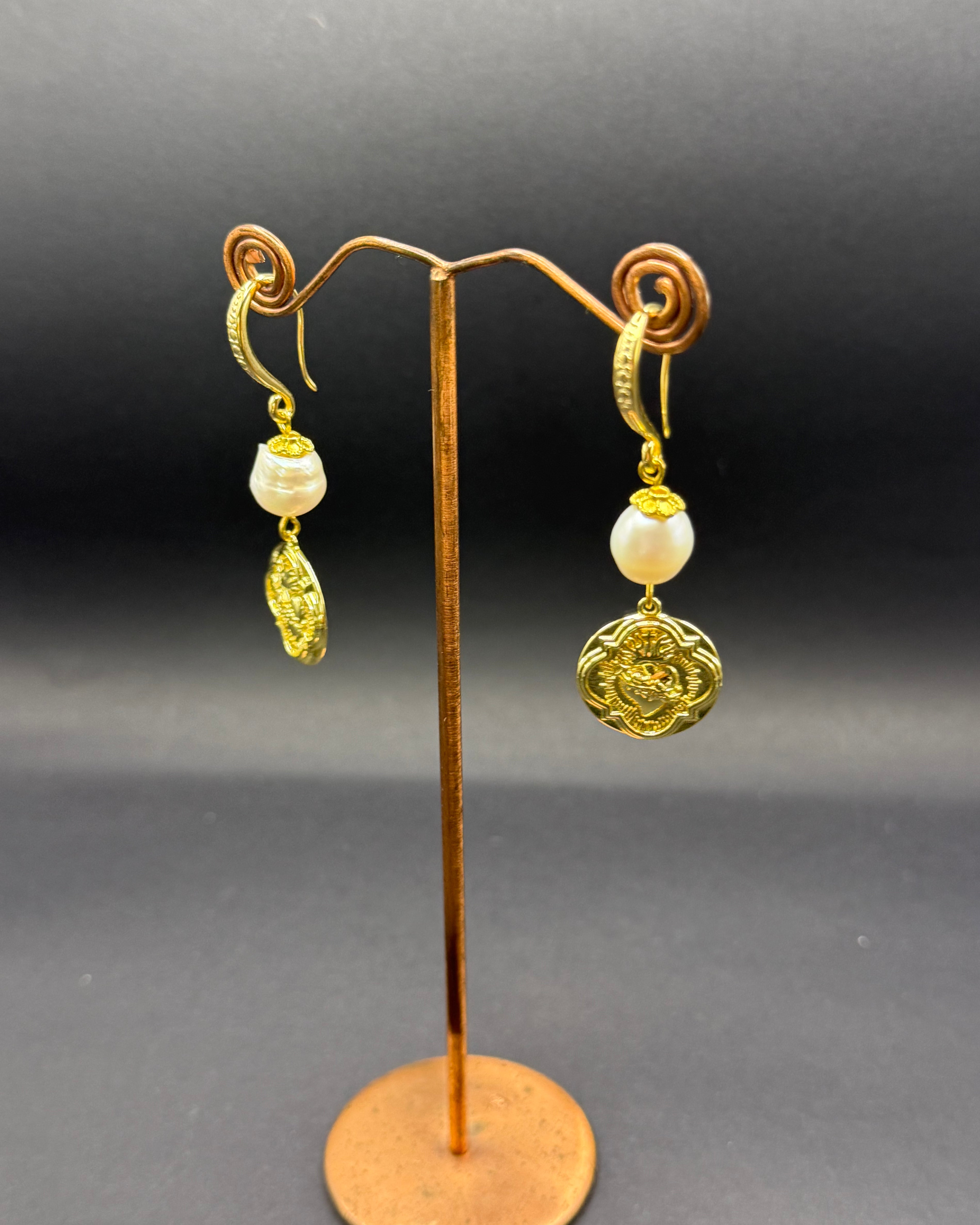 Freshwater Pearl & Ornate Gold Heart Charm Drop Earrings – Handmade in Bristol