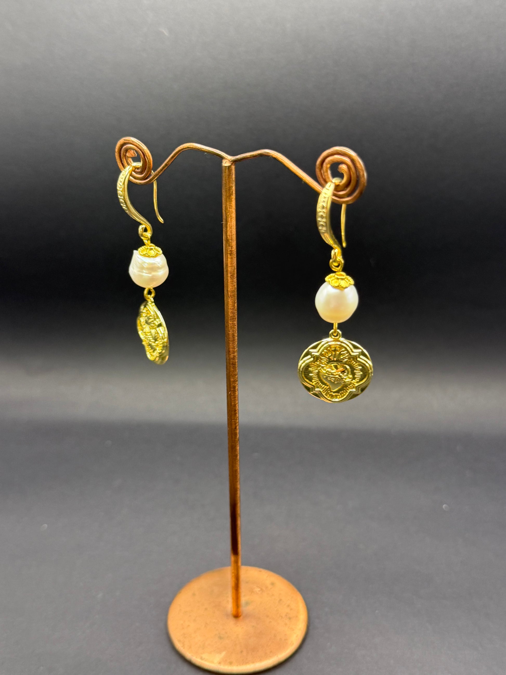 Freshwater Pearl & Ornate Gold Heart Charm Drop Earrings – Handmade in Bristol