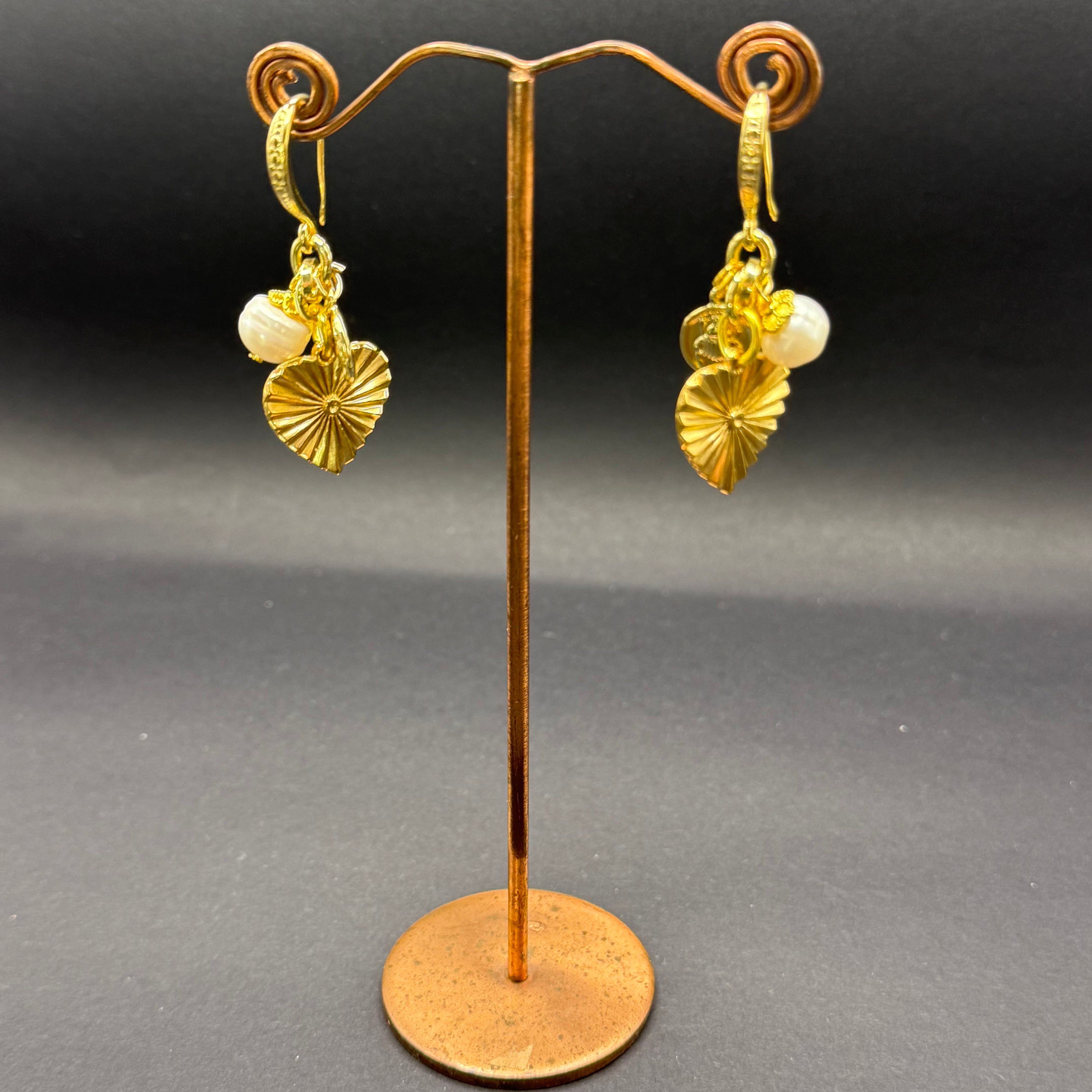 Freshwater Pearl & Gold Sunburst Heart Charm Earrings – Handmade in Bristol