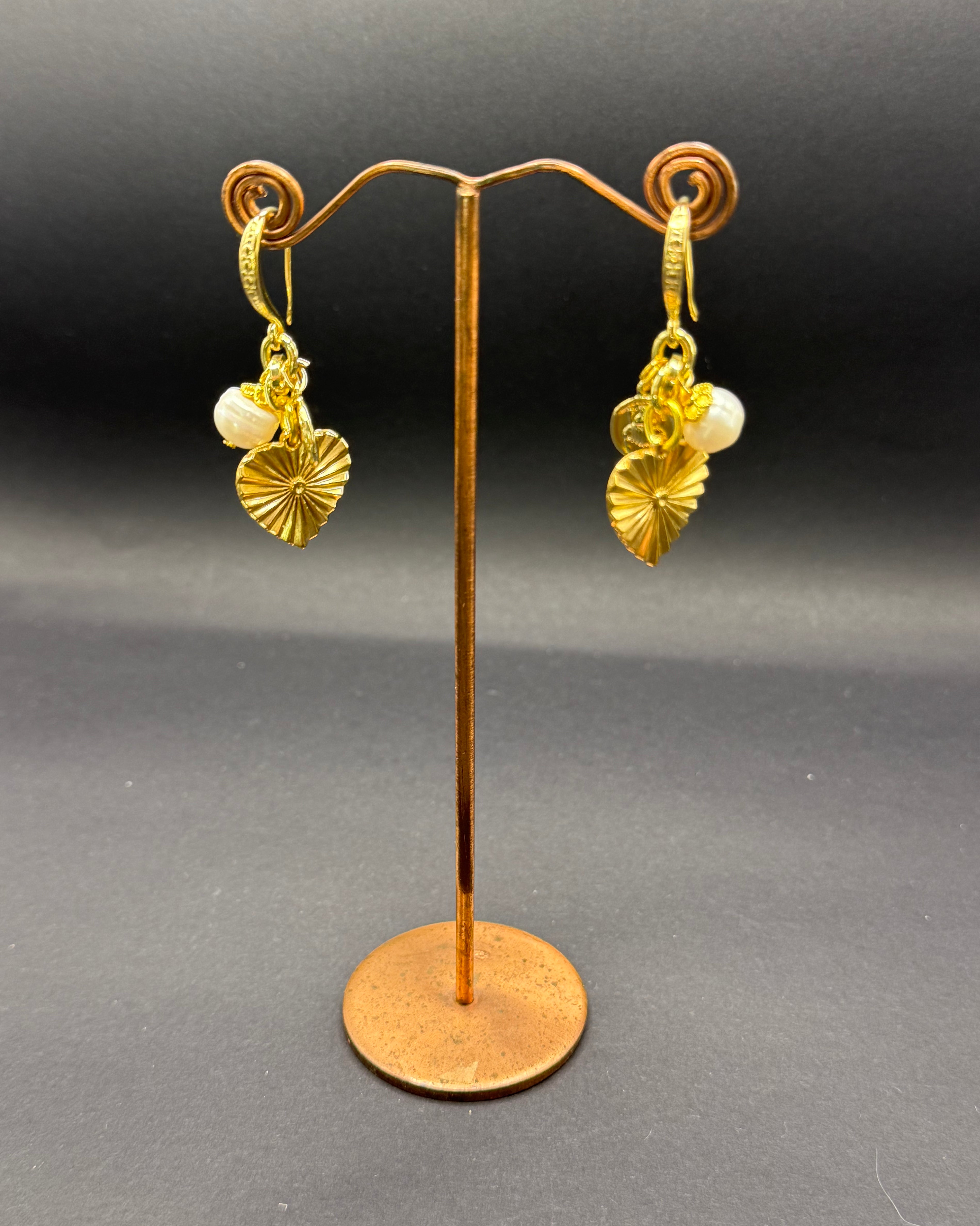 Freshwater Pearl & Gold Sunburst Heart Charm Earrings – Handmade in Bristol