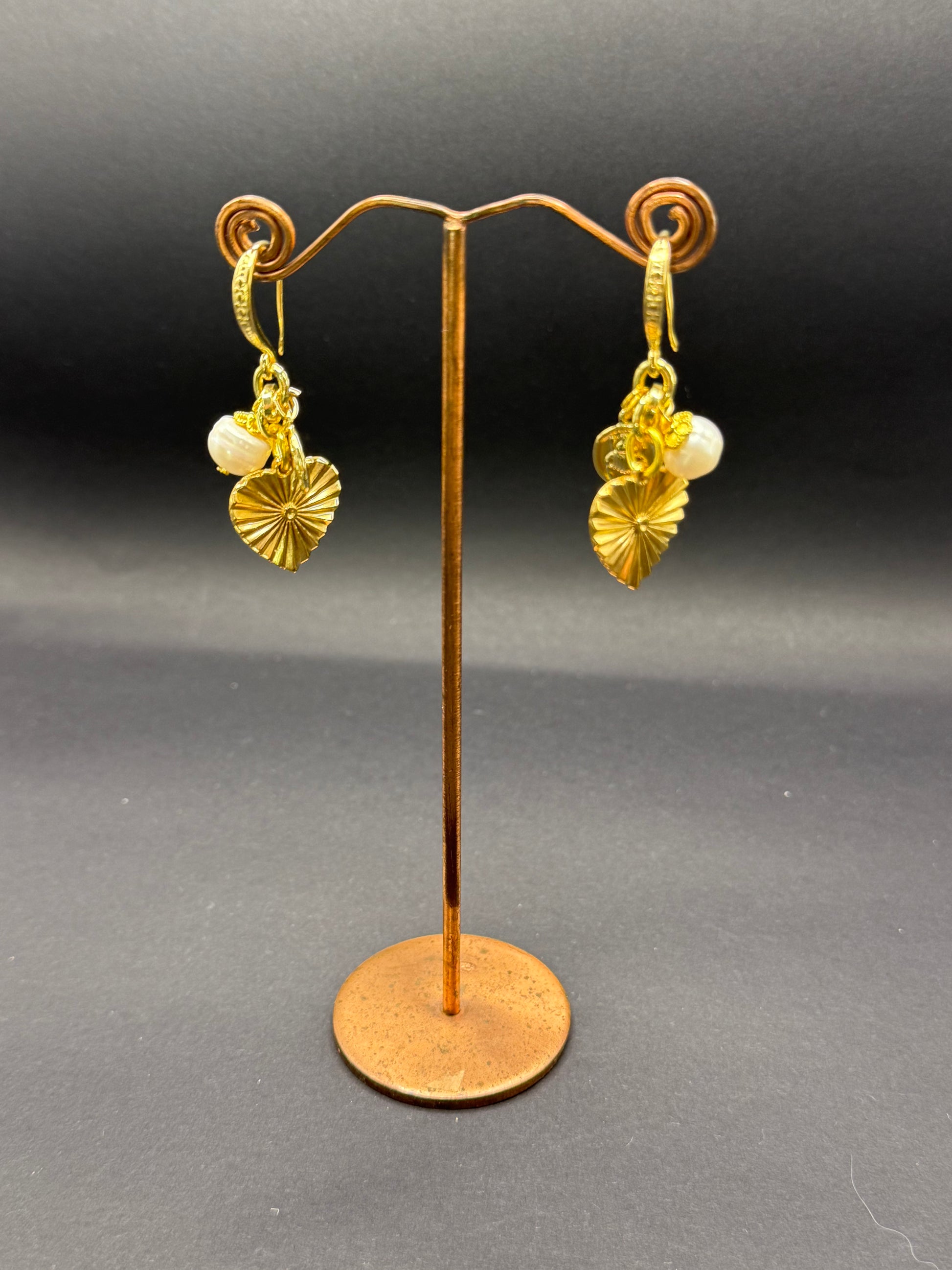 Freshwater Pearl & Gold Sunburst Heart Charm Earrings – Handmade in Bristol