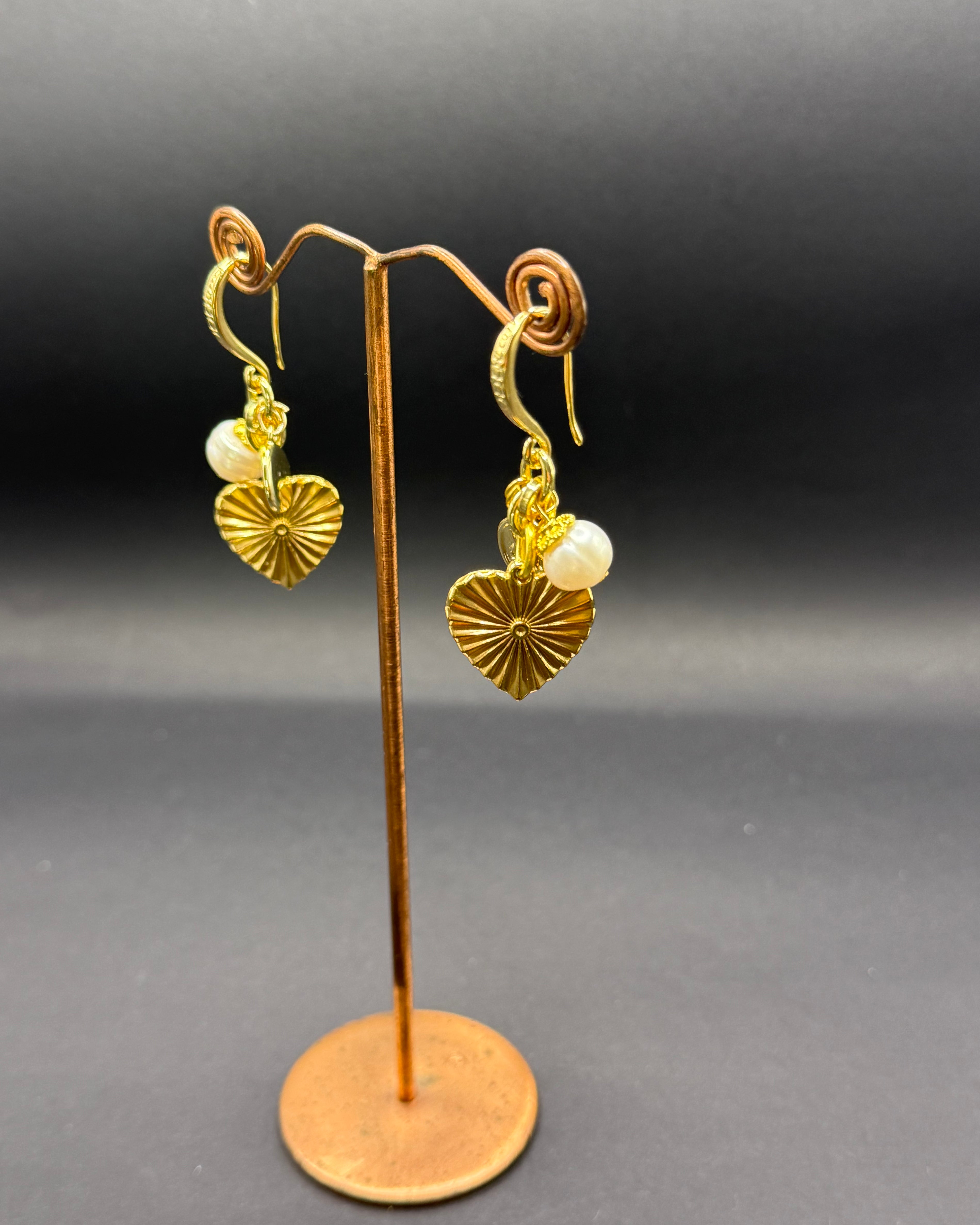 Freshwater Pearl & Gold Sunburst Heart Charm Earrings – Handmade in Bristol